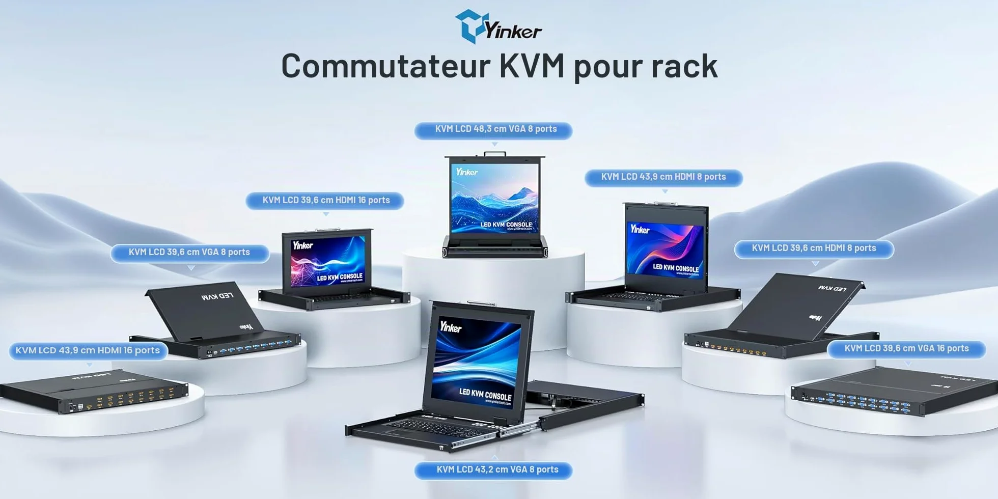Console KVM VGA 8 ports 15,6" Écran LCD VGA Commutateur KVM Compatible avec Rack 1U 19" 600 mm de profondeur 600 mm avec clavier Touchpad Tiroir Câble KVM