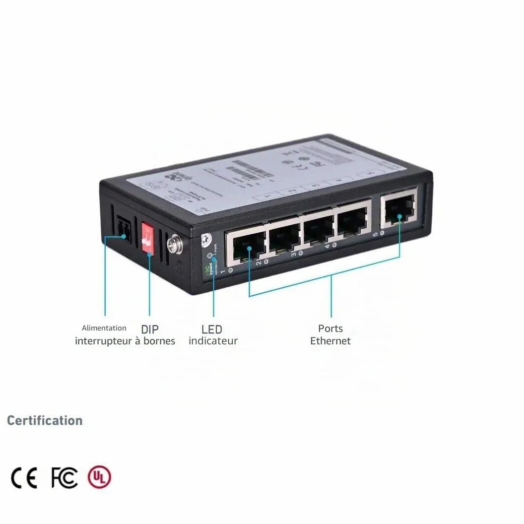 InHand Networks ISE2005D Switch Ethernet Industriel 5 Ports 10/100 Mbps, Commutateur Réseau Non Géré pour Rail DIN, Ultra-Compact, -40°C à +75°C, Certifié CE/UL (Bornier Inclus)