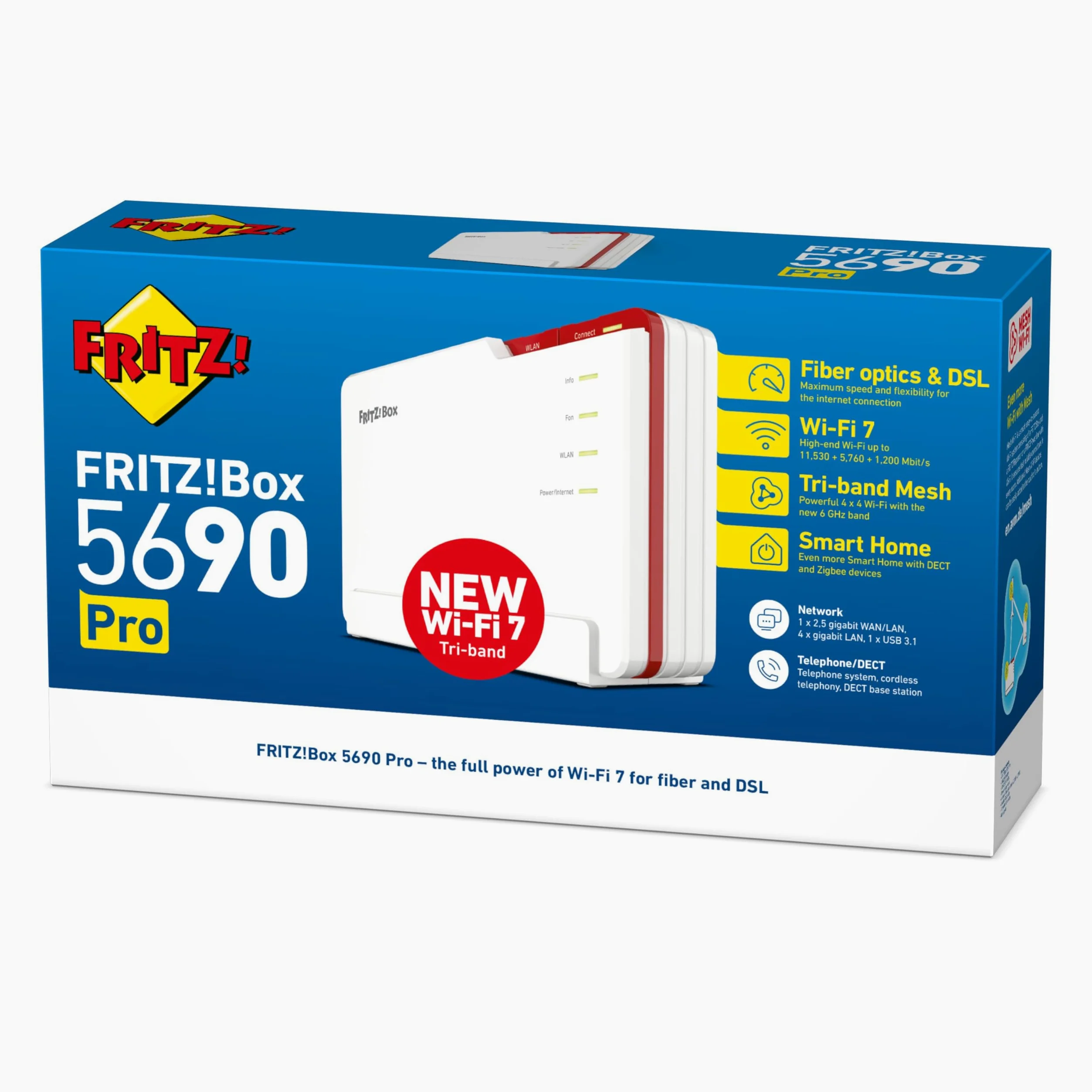 FRITZ!Box 5690 Pro | routeur DSL et Fibre | Wi-FI 7 jusqu'à 18,5 Gbit/s | Pour lignes DSL, AON et GPON, Wi-Fi tri-bande (2,4/5/6 GHz), débit au top pour 4K/8K et les jeux, Mesh Wi-Fi, Made in Europe
