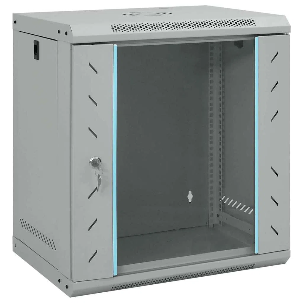 Armoire réseau murale - 53 x 45 x 60 cm - Gris - Armoire serveur pour bureau avec porte de sécurité en verre verrouillable - Armoire réseau 19"