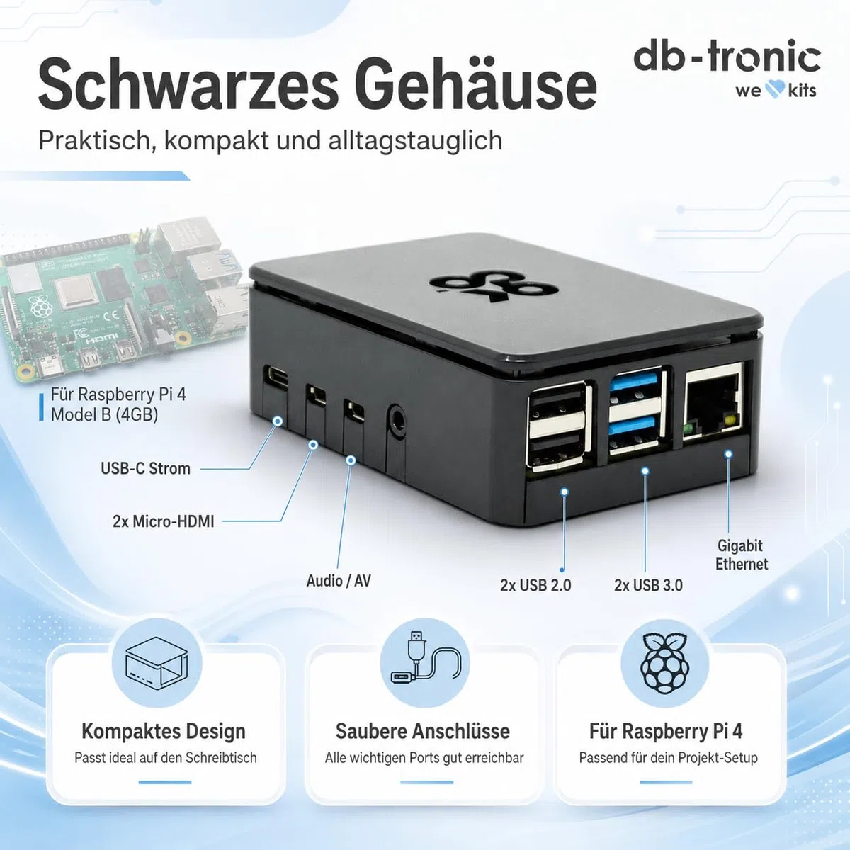 db-tronic OKdo Raspberry Pi 4 Model B Kit de démarrage 4 Go - Bloc d'alimentation 15 W - Boîtier noir - Dissipateur thermique - Idéal pour la maison intelligente, le jeu rétro et l'assistant à