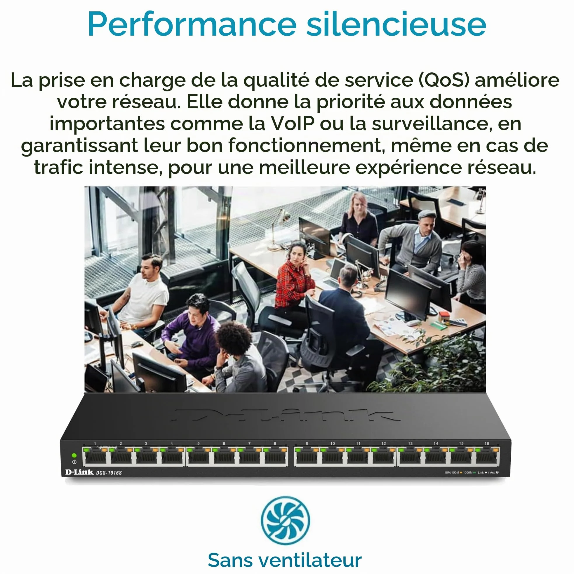 D-Link DGS-1016S Switch non administrable 16 ports Gigabit sans ventilateur à profil bas idéal sur bureau ou au mur - QoS 802.1p