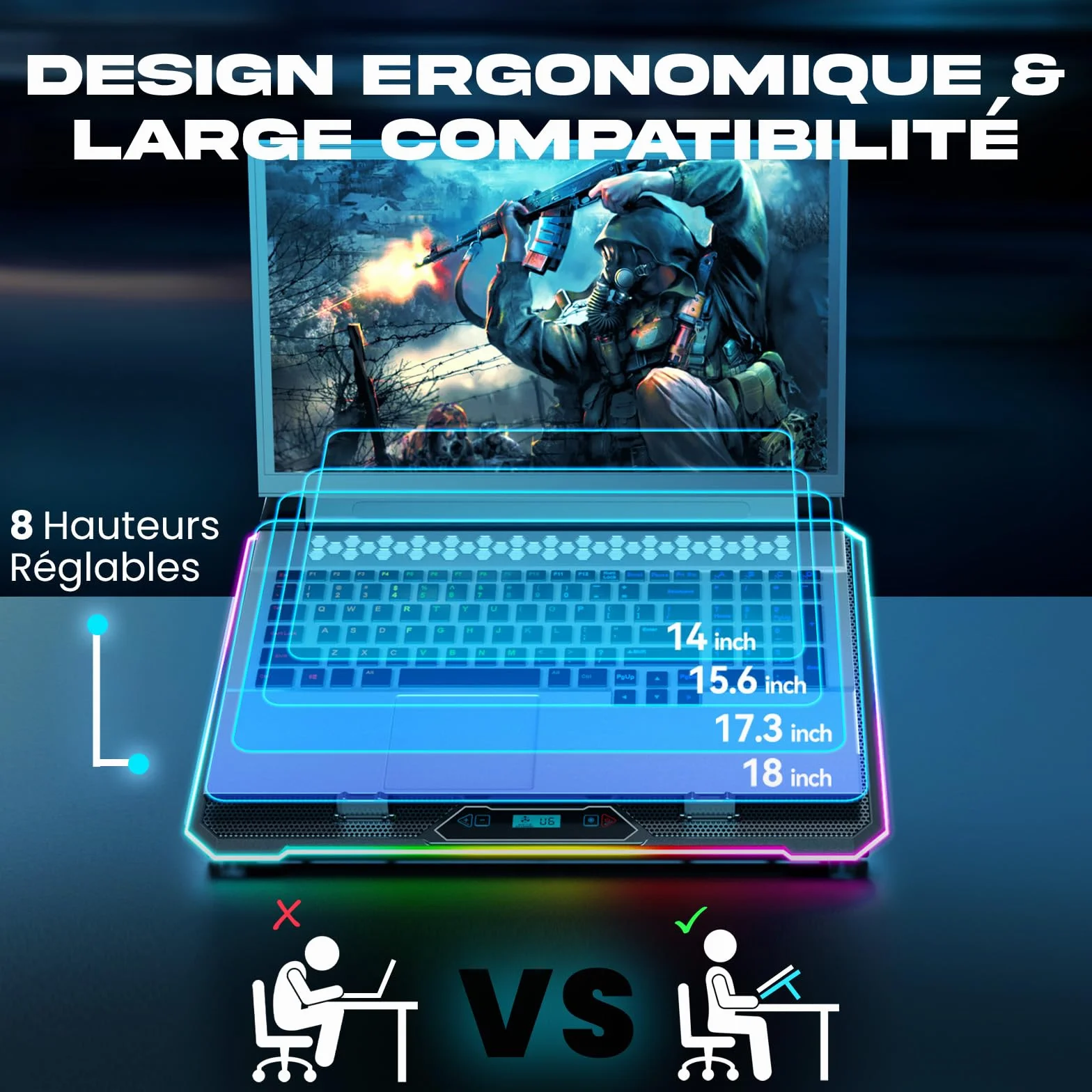 KLIM V15 Refroidisseur PC Portable 15 Ventilateurs RGB Support Gaming 10-17 Pouces 2 Ports USB