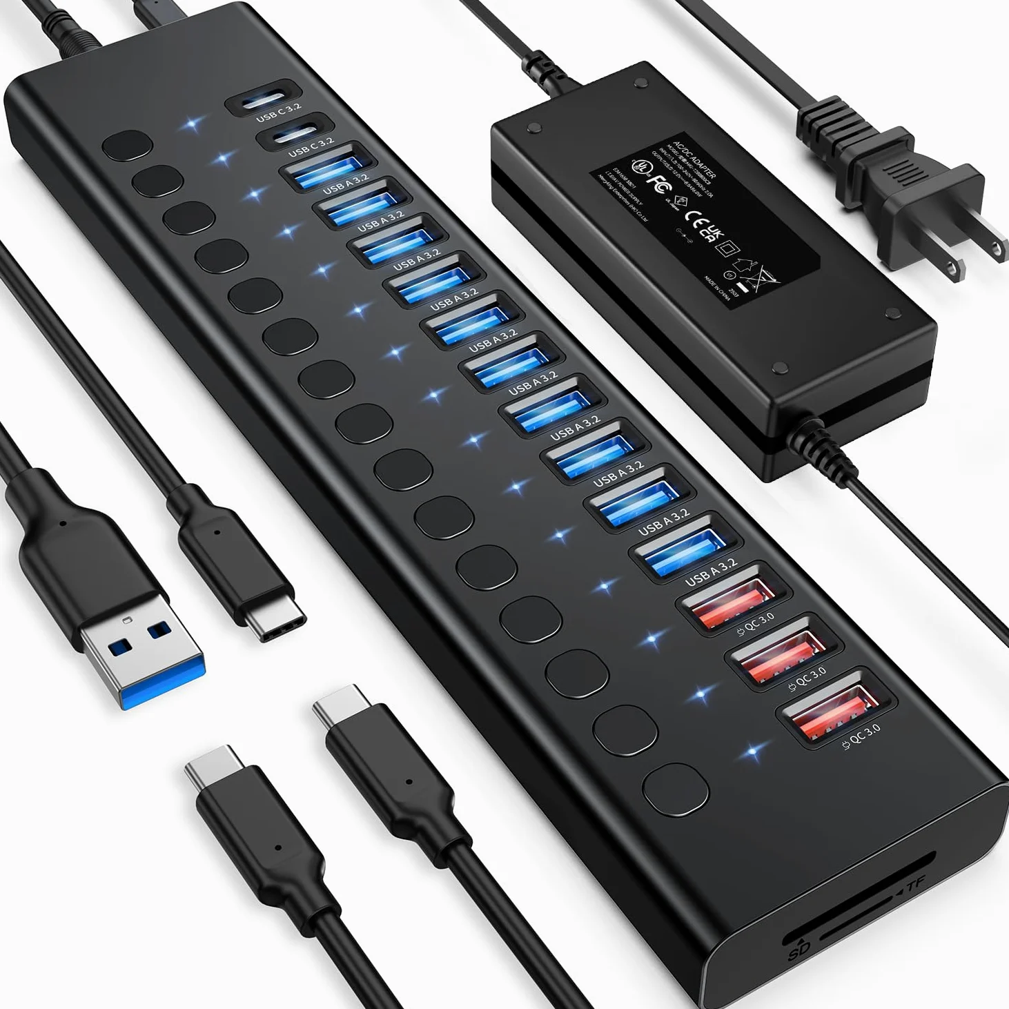 OLKIEQZ Powered USB Hub, VANGREE 17-Port USB Splitter (7 USB 3.0 Ports+3 2.4A Charging Ports+3 USB 2.0 Ports+2 USB-C 3.0 Ports+SD/TF