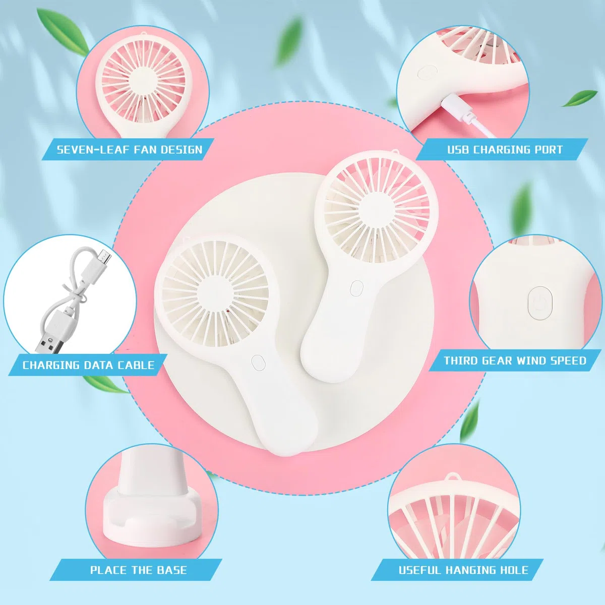 Woanger Lot de 4 mini ventilateurs portables à piles avec câble de données et base de montage - Petit ventilateur électrique rechargeable USB silencieux pour l'été (blanc)
