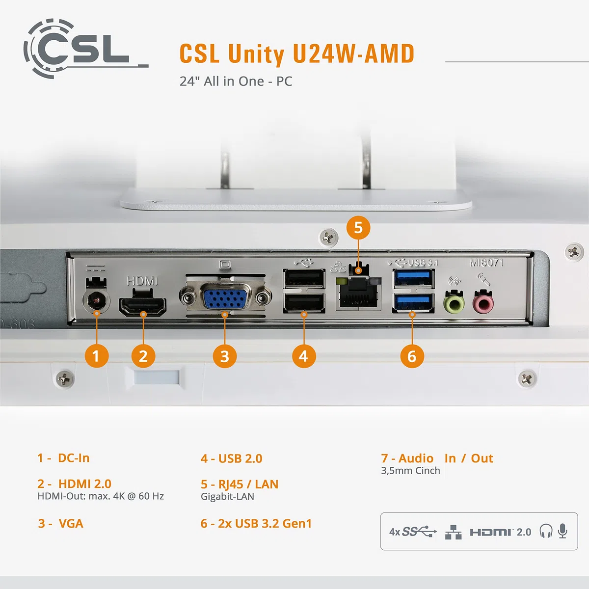PC Tout-en-Un CSL Unity U24W-AMD, 60,5 cm (23,8 Pouces, 1920x1080 Full HD) - AIO Puissant (AMD Ryzen 7 5700G CPU 8x3800 MHz, 2000 Go SSD, 32 Go DDR4-RAM, Windows 11 Pro), Blanc