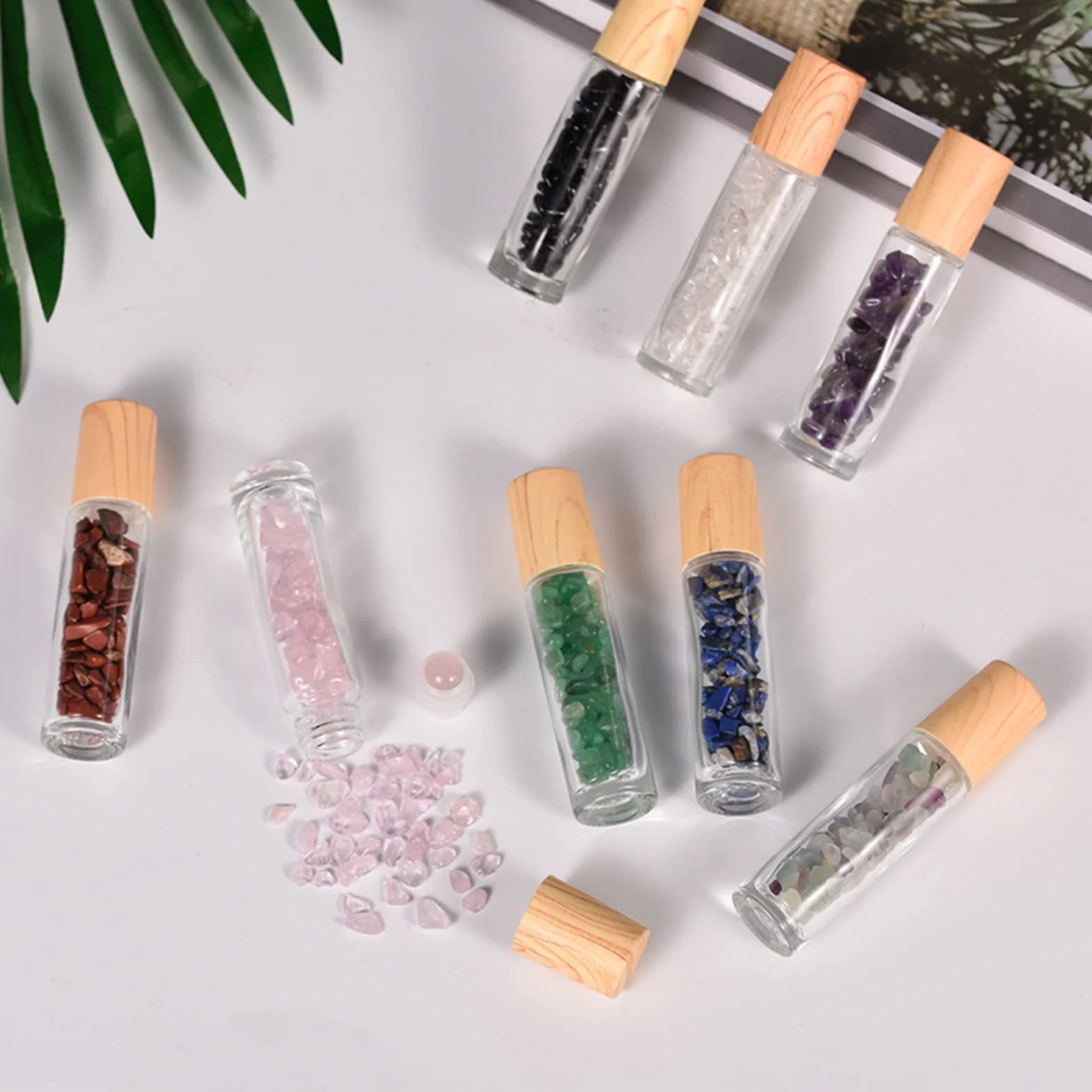 VolksRose 7 Flacons Roll-On Huiles Essentielles 10ml Pierres Naturelles Verre Rechargeable Aromathérapie