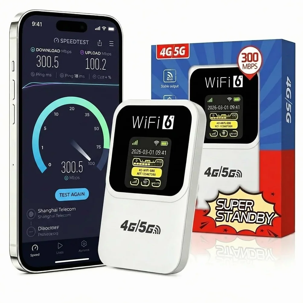 Routeur 5G Portable WiFi 6, 300 Mbps, Batterie 14h, Débloqué Carte SIM | 3000mAh, 28 appareils,SIM débloquée tout opérateur, WPA3 sécurisé – idéal voyages Europe, camping, télétravail.