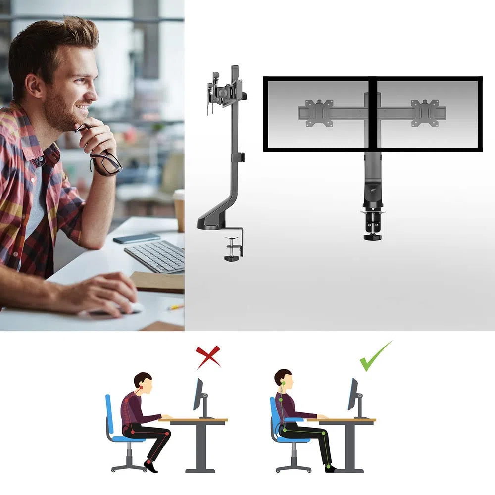 ACT AC8322 Barre transversale de Bras pour écran Double jusqu'à 32", Hauteur réglable avec vis moletée, VESA 75/100 mm, Support de Bureau pour Moniteur, inclinable à 30°, Rotation à 30°, Rotation à