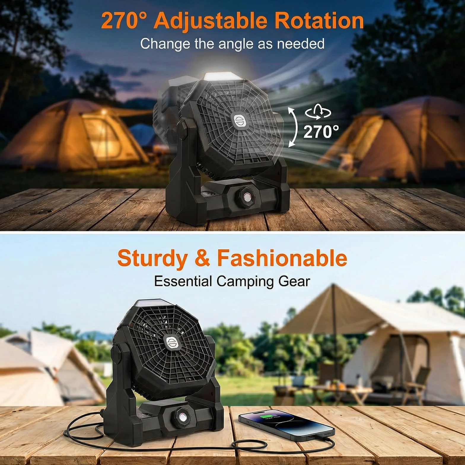 Qoosea Ventilateur de Camping Portable 24000mAh 3 en 1 avec Lumière LED 4 Vitesses