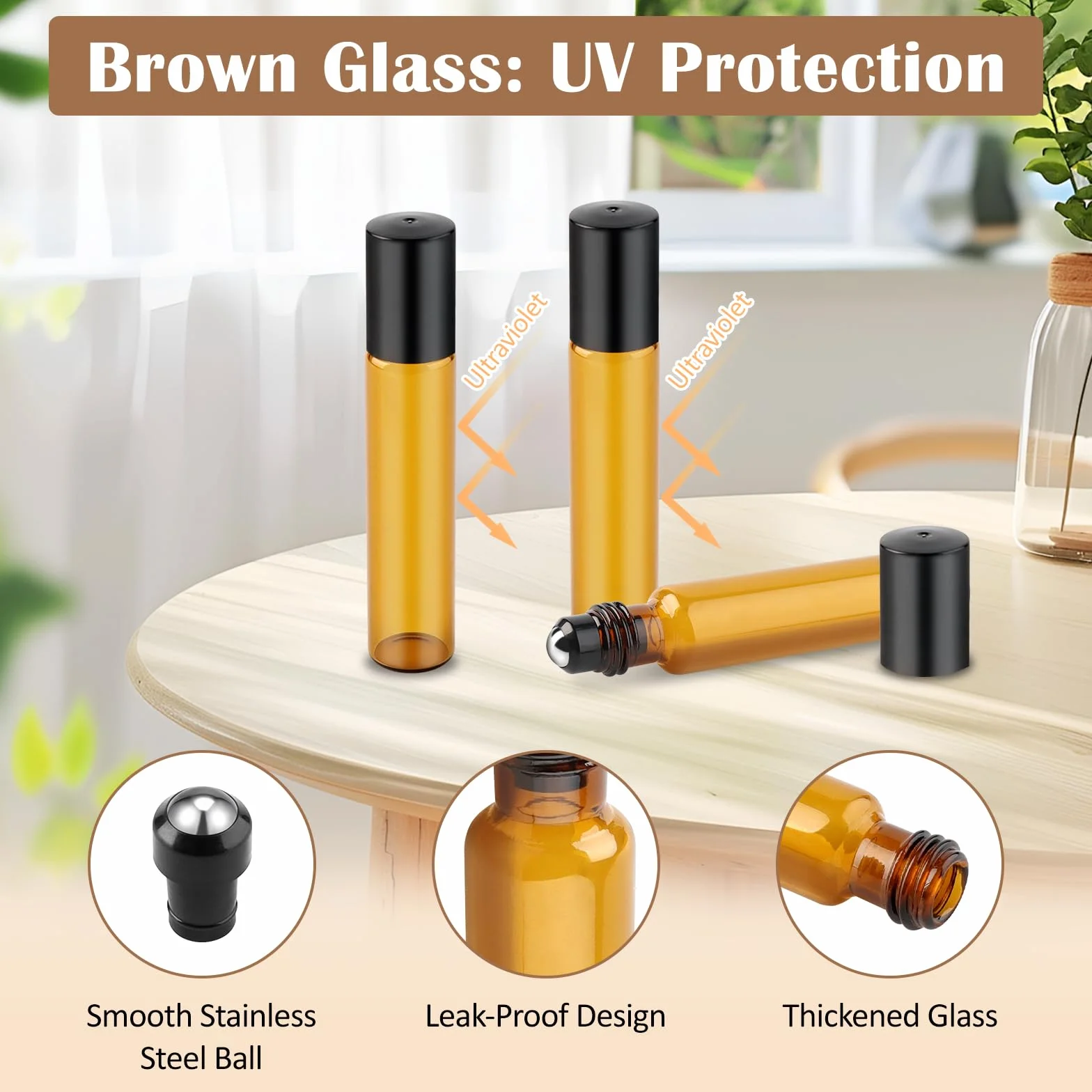 Bouteilles à Huile Essentielle en Verre 10ml Flacons Roll-on Rechargeable Marron Vide pour Aromathérapie Massage