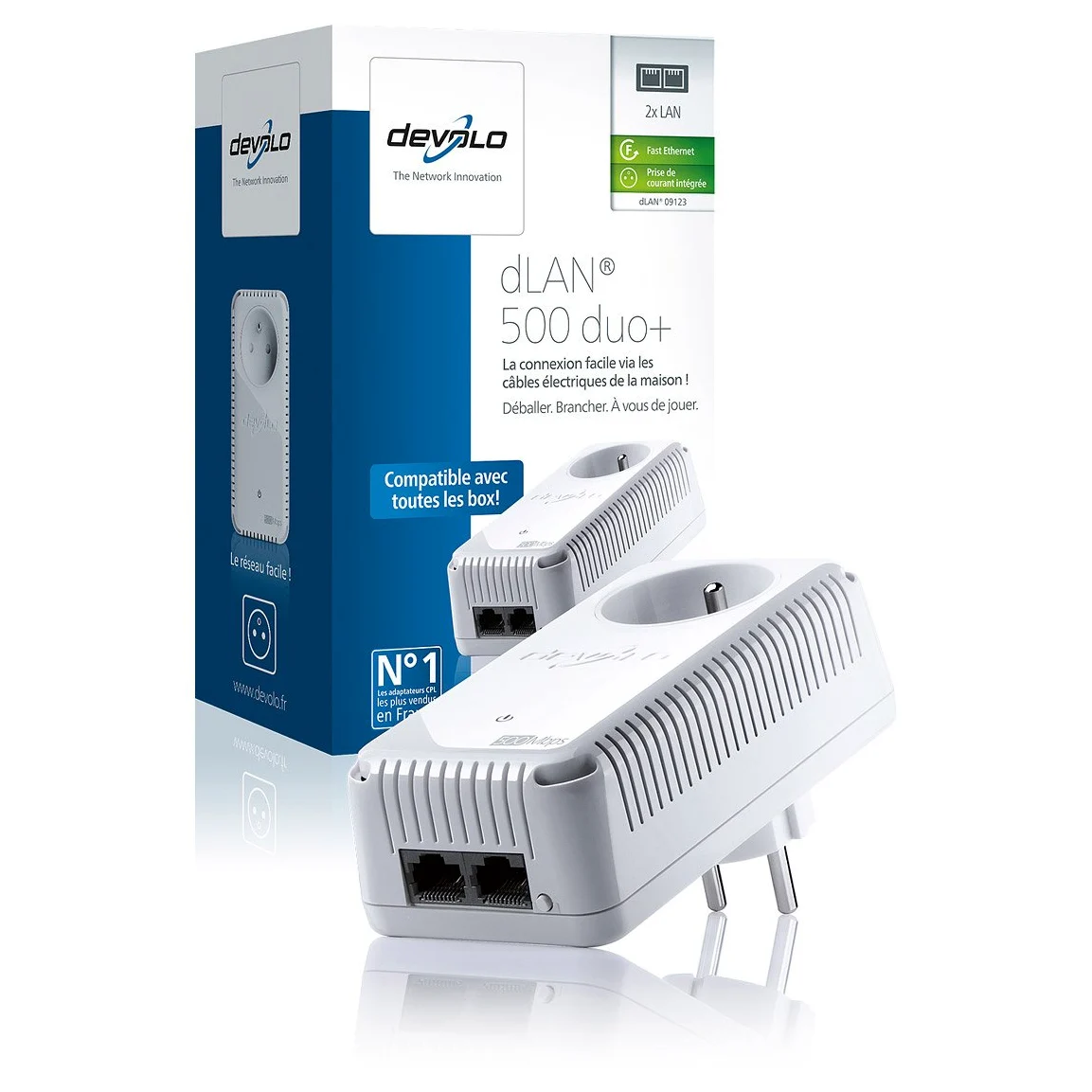 devolo 9123 - Pack de 1 adaptateur CPL (dLAN 500 duo+) : 2 ports Fast Ethernet / prise gigogne intégrée