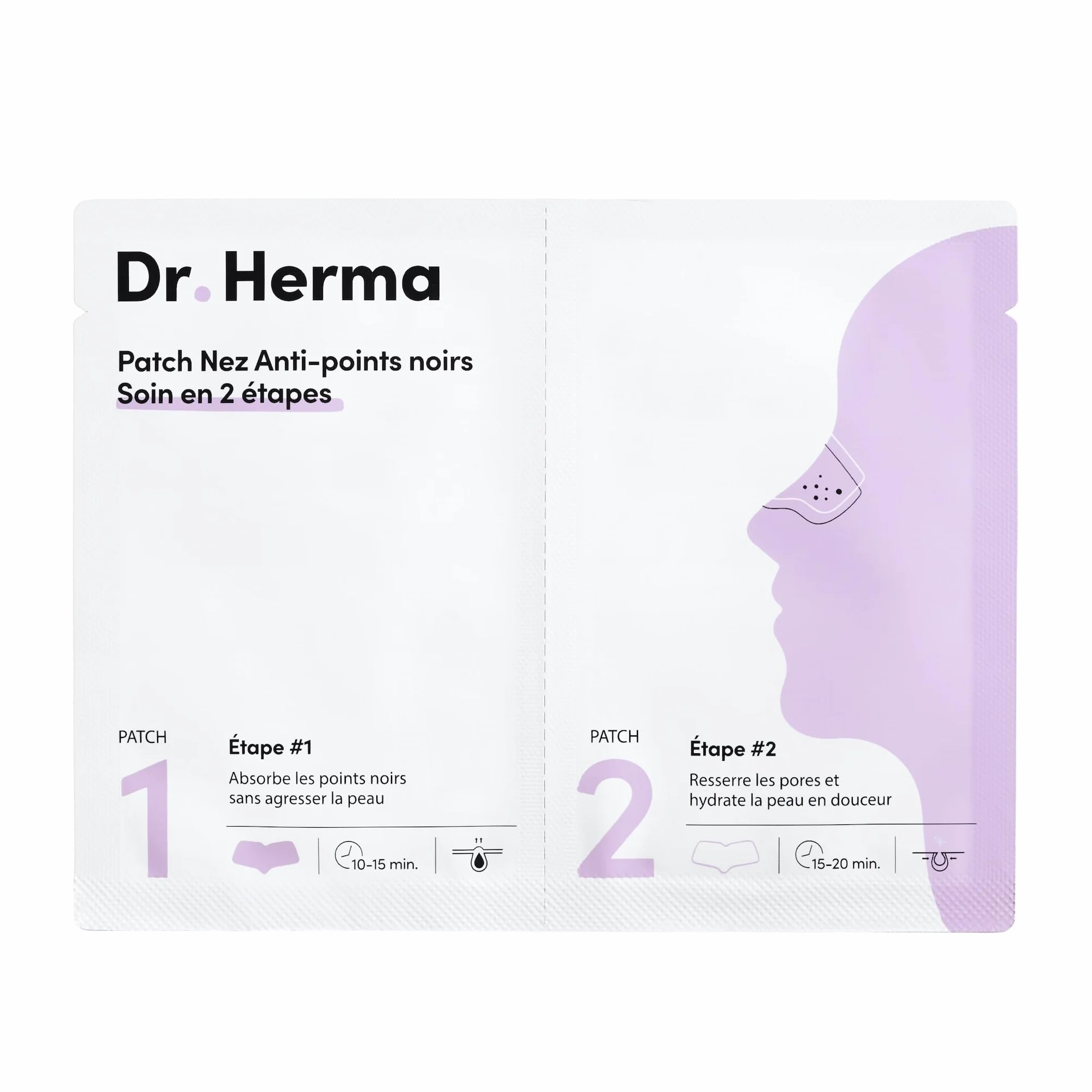 Dr Herma Patch Nez Point Noir 2 étapes Format Nez Purifie Désincruste Ressere les Pores Patch Nasal Anti Imperfection Visage