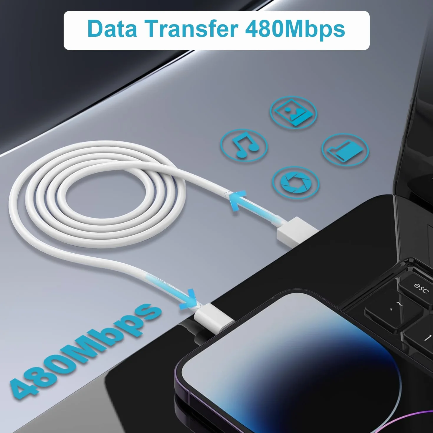 Câble Chargeur iPhone 2M Certifié Apple MFi USB Lightning Charge Rapide pour iPhone 14/13/12/11 Pro Max/XS/XR/X/8/7/6/5/SE/iPad