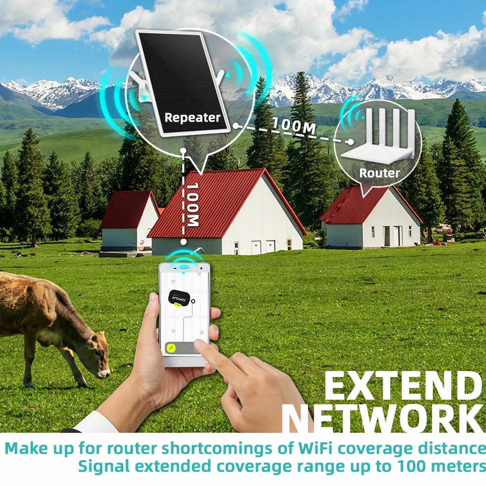 Repeteur WiFi Solaire Batterie Exterieur sans Fil, Puissant Amplificateur WiFi Couvre100-mètres, Outdoor répéteur WiFi Extender 2.4Ghz 300Mbps, Idéal pour Les Grands Espaces éloignés