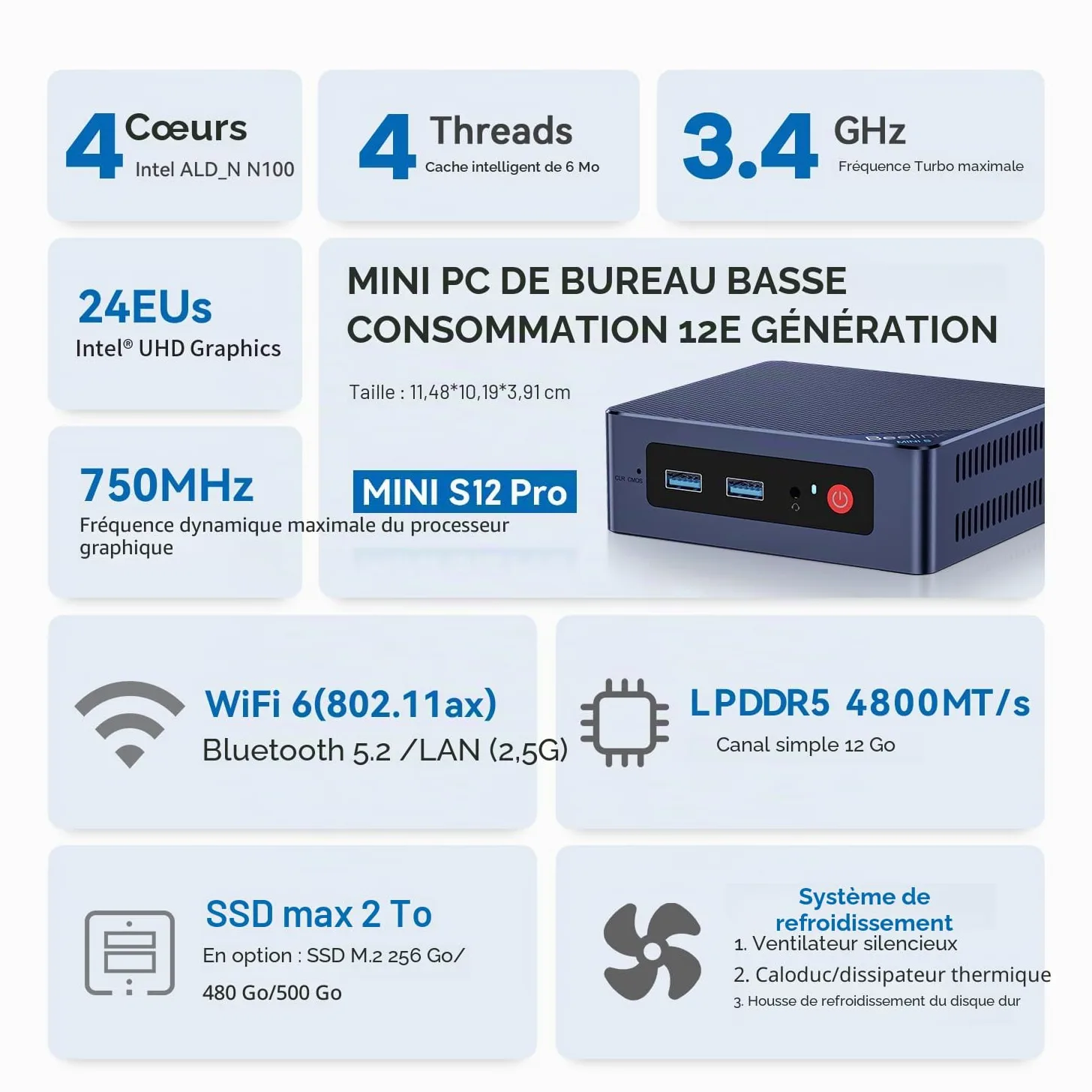 Beelink Mini PC, Mini S12 Pro Intel Alder Lake-N100 Processor (jusqu'à 3,4 GHz) 4C/4T, Mini Ordinateur 12 Go LPDDR5 RAM 512 Go SSD, Ordinateur de Bureau Double HDMI 4K 60 Hz/2,5 G LAN