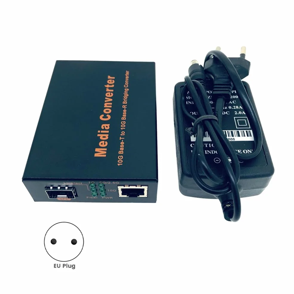Convertisseur de Média en Fibre Optique + à + 10Gbps, Commutateur Ethernet 10Gbps RJ45 100M/1000M/10G, Prise EU.
