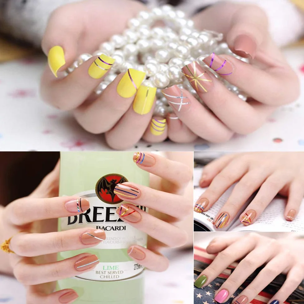 Ruban Autocollants à Ongles 32 Rouleaux Couleurs Mélangées, Accessoires Nail Art DIY Or Argent