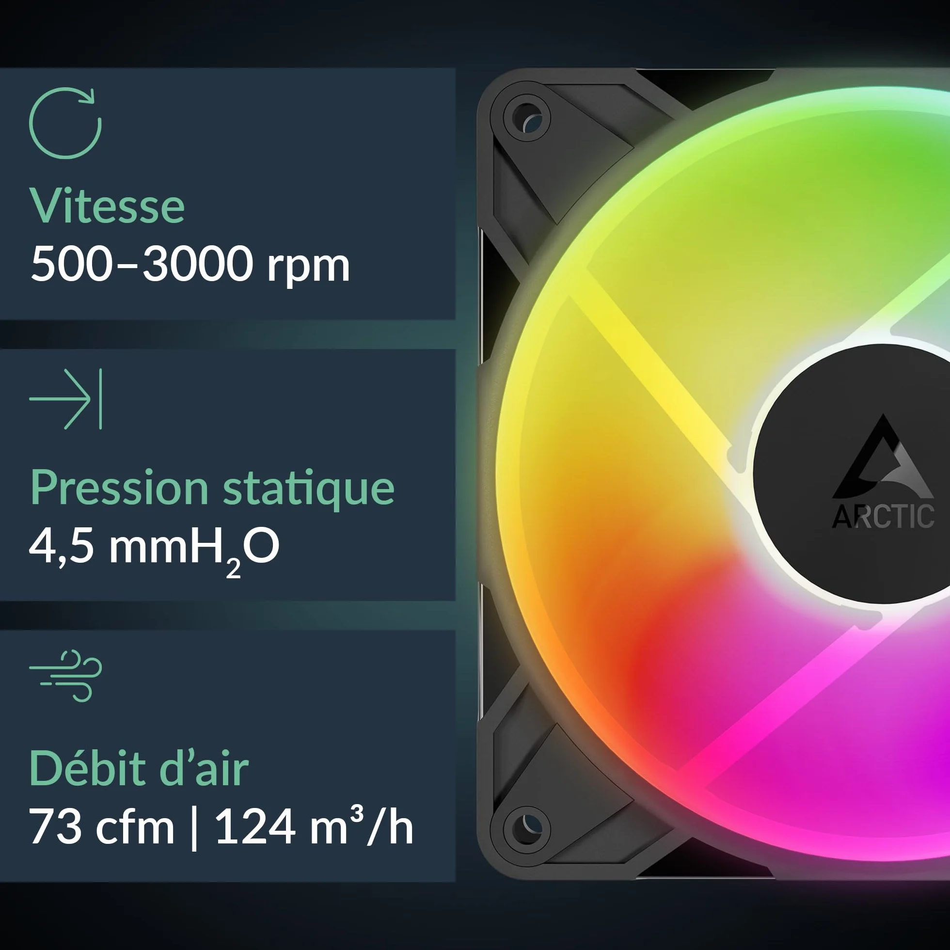 ARCTIC P12 Pro Reverse A-RGB 3 Pack 120 mm Ventilateur PWM 500-3000 rpm 5V D RGB FDB 4-Pin Noir