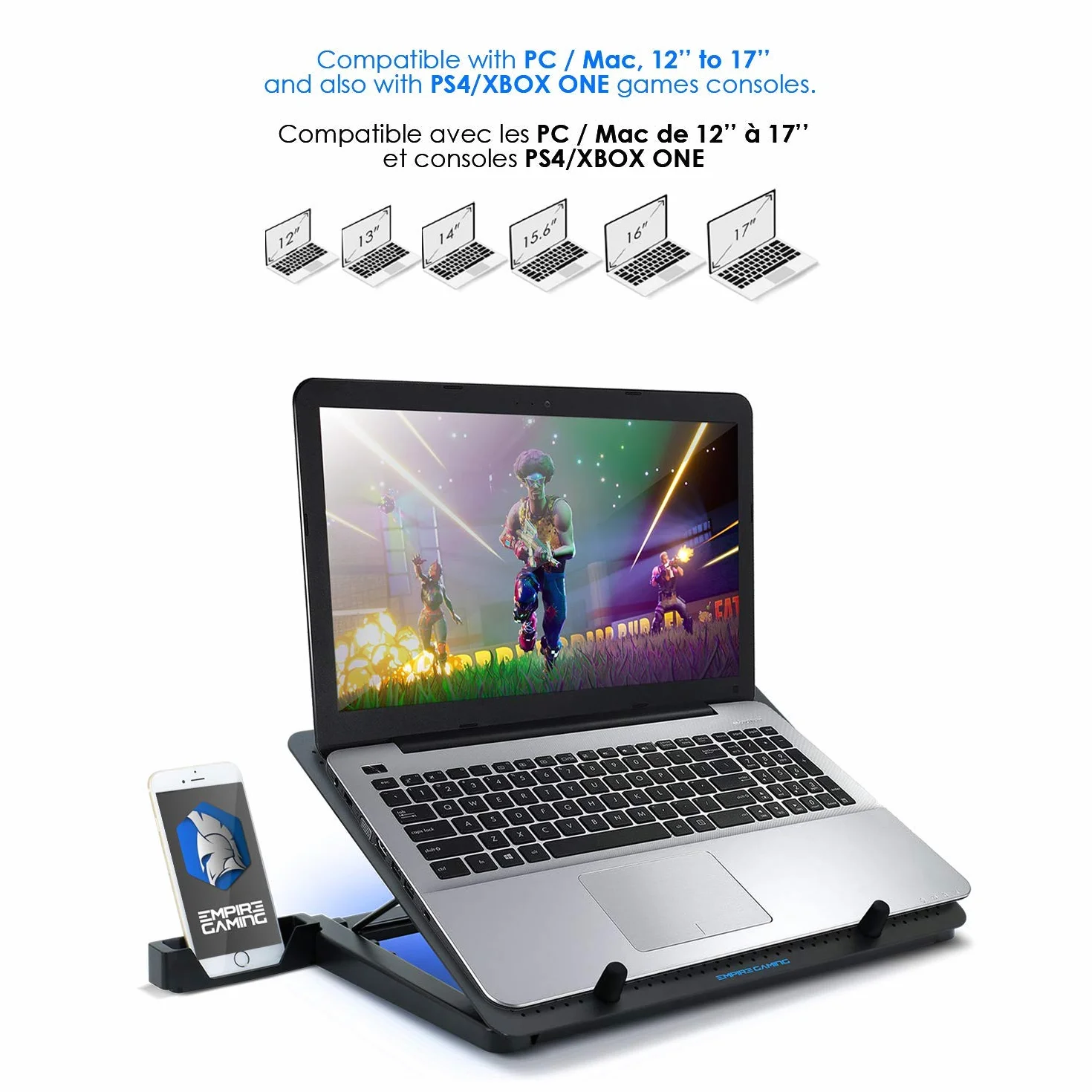 EMPIRE GAMING Turboost Aluminium Refroidisseur PC Ordinateur Portable Gamer 5 Ventilateurs Support 12-17 Pouces Rétroéclairage LED Bleu