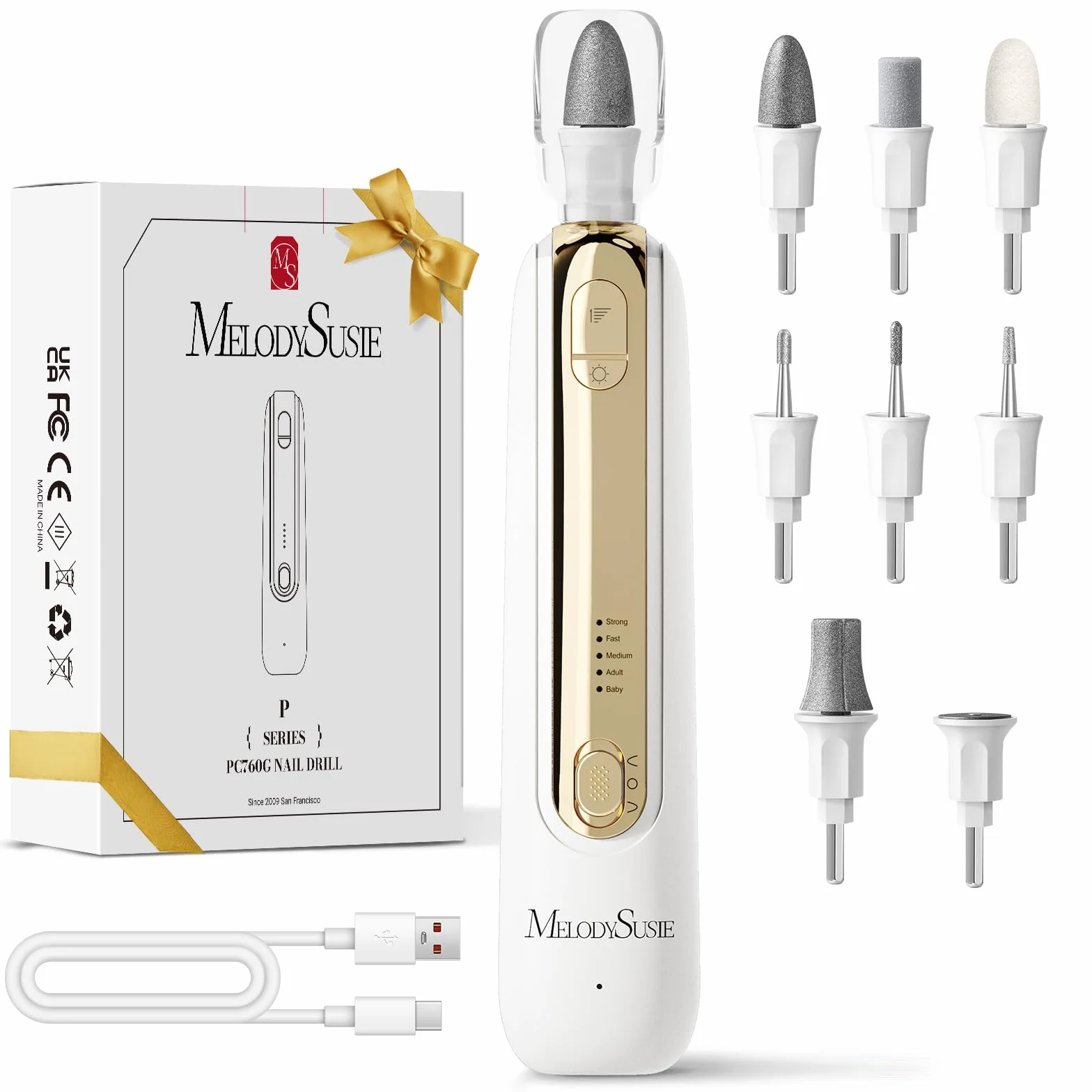 MelodySusie Ponceuse pour Ongles PC760G Kit Manucure Pédicure LED 360° 5 Vitesses Rechargeable Sans Fil Blanc&Or