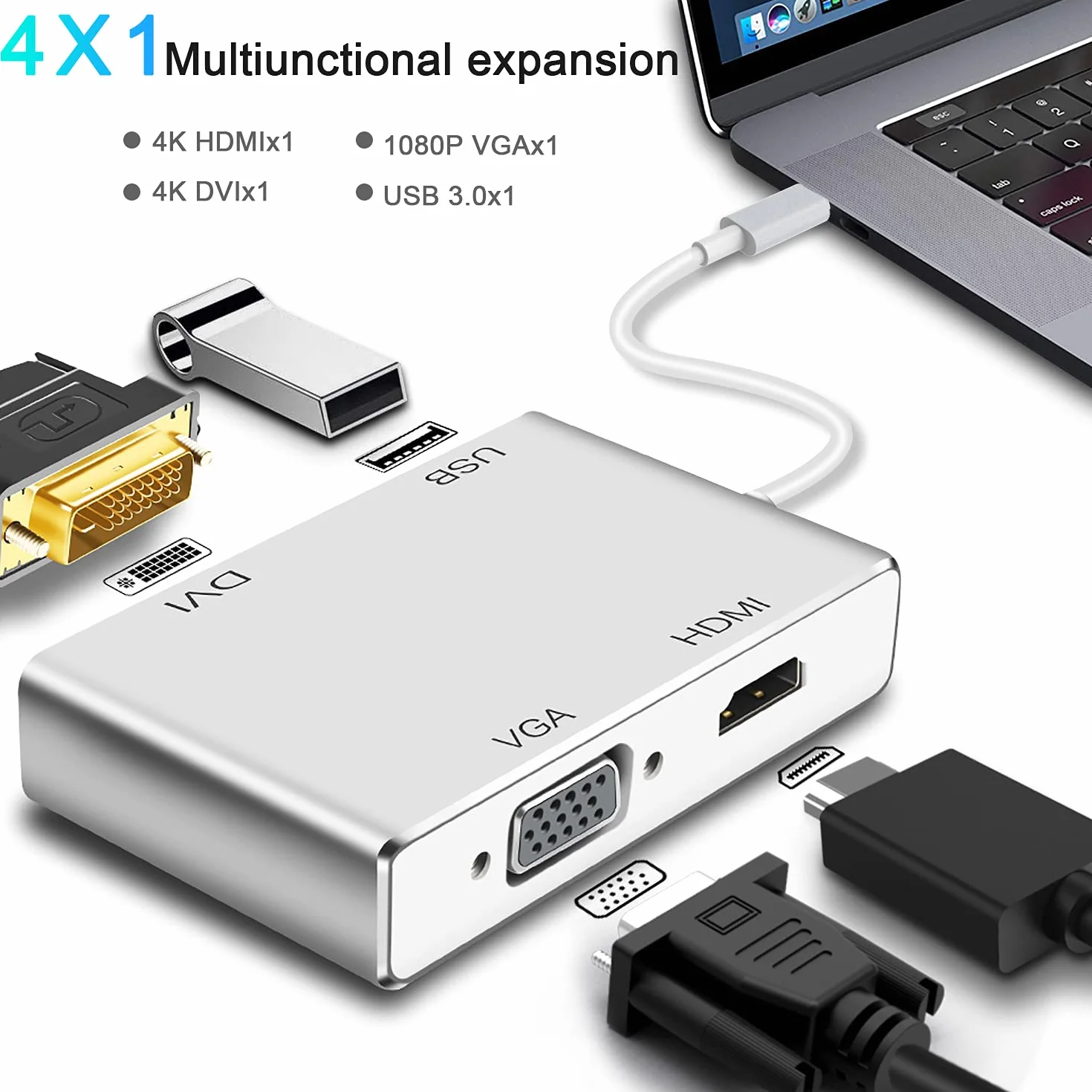 Faersi Adaptateur 4K Type C Vers HDMI USB-C 3.1 Vers DVI VGA USB 3.0 Hub Multiport Compatible MacBook Pro Chromebook Samsung Galaxy S8