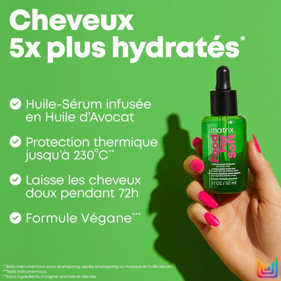 MATRIX Huile-Sérum Capillaire Sans Rinçage Multi-Usage Food Fort Soft Soin Hydratant 72 h Rétention Hydratation Cheveux Secs 50 ml