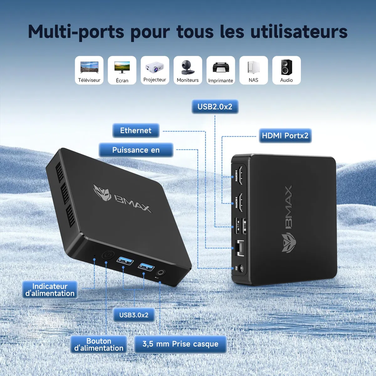 BMAX B1 Mini PC 8 Go LPDDR4 128 Go eMMC W-11 Gemini Lake N4000 (jusqu'à 2,6 GHz) Double écran Prend en Charge 4K HDMI, WiFi 2,4 G/5 G, Bluetooth 5.0 PC Domestique, Ordinateur de Bureau
