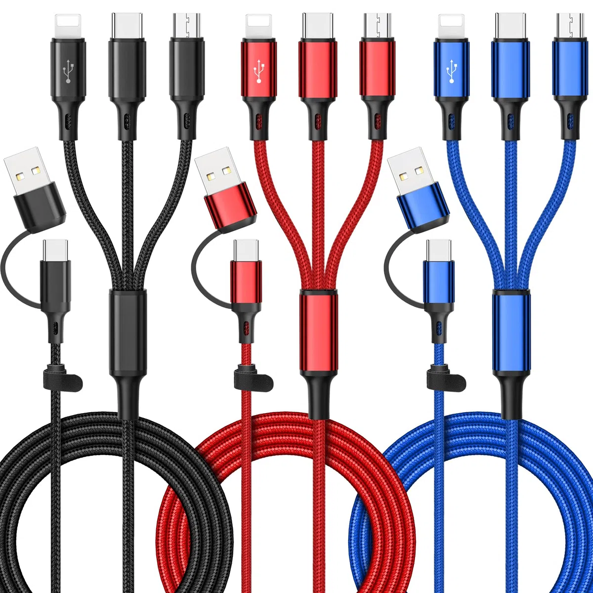 Ankndo Lot de 3 câbles de charge multi-USB 6 en 1 3 A - Câble de charge multiple USB A/C vers port i-P/USB C/Micro USB - Câble de charge universel pour téléphones portables/tablettes/Galaxy et plus