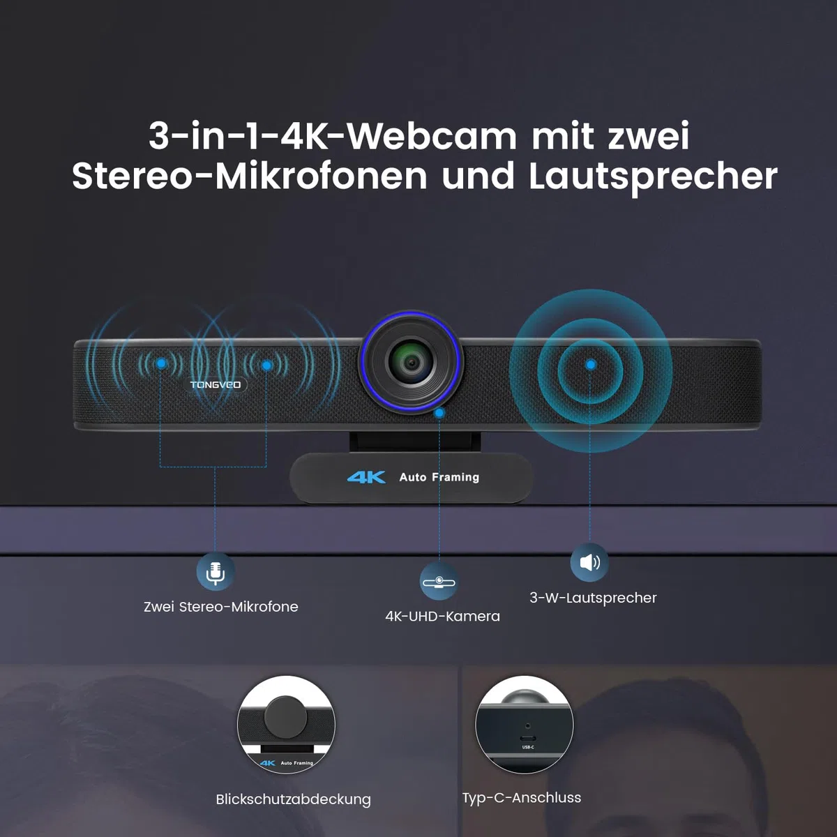 TONGVEO KI Webcam 4K à suivi automatique avec microphones et haut-parleurs, zoom numérique 5x, caméra Web ePTZ avec télécommande et deux microphones, webcam de conférence pour zoom, Skype, OBS
