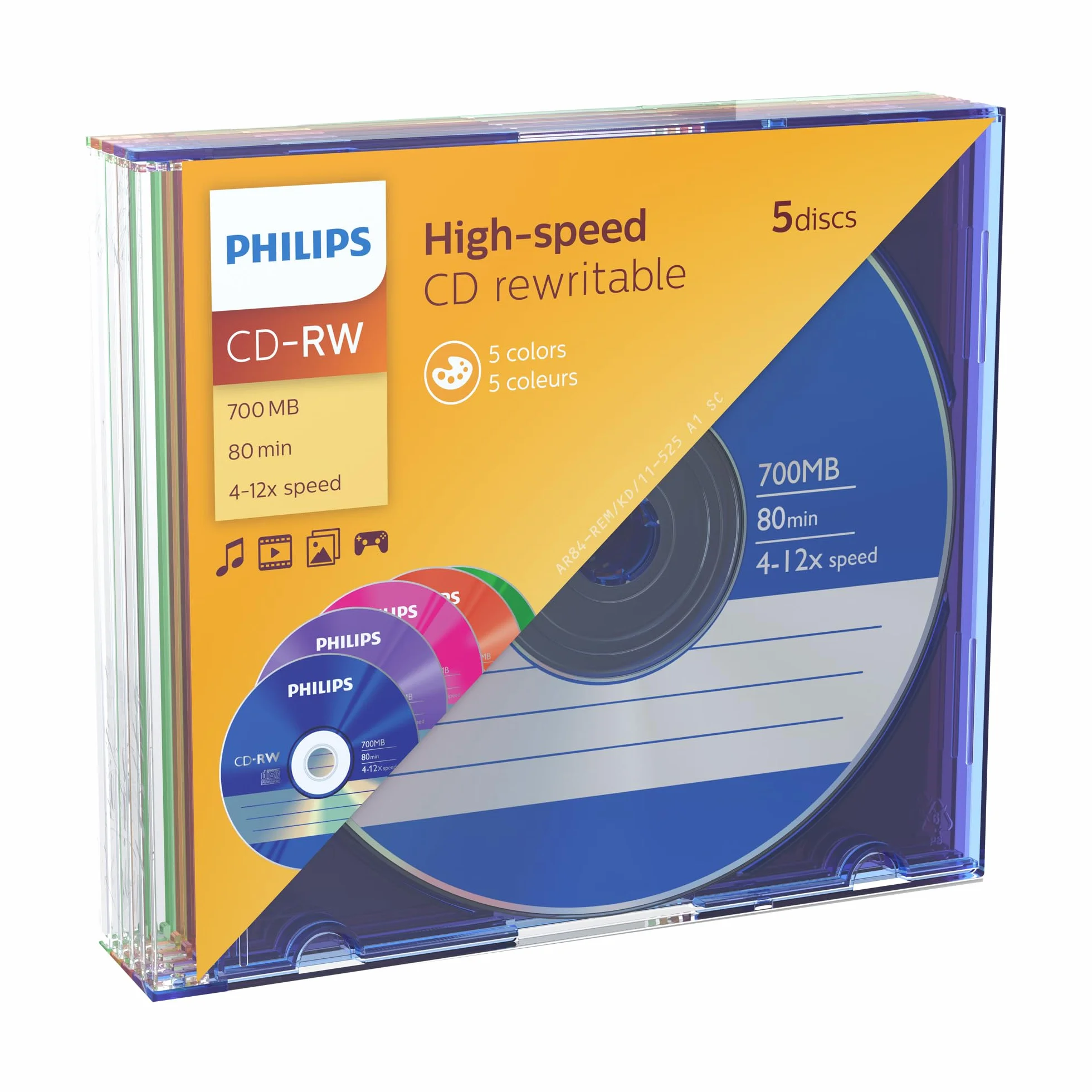 Philips CD-RW 700MB 80min 4-12x Speed 5 pièces Colored Slim Case