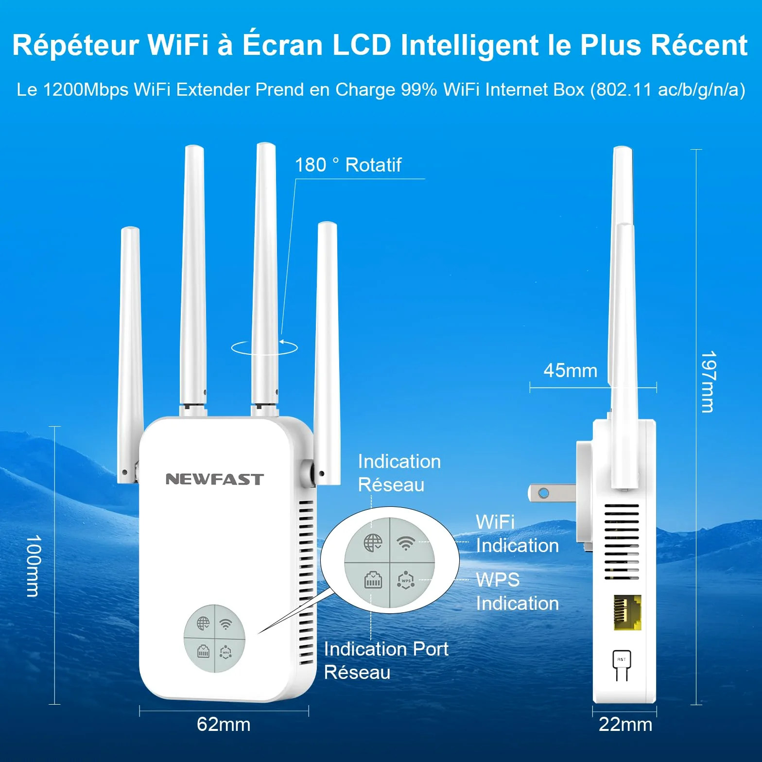 NEWFAST Répéteur WiFi Puissant sans Fil RE523-W, 1200Mbps Repetiteur WiFi | Double Bande 5GHz & 2.4GHz Amplificateur WiFi avec Répéteur/AP/Routeur Mode, Compatible Toutes Les Boîtes Internet