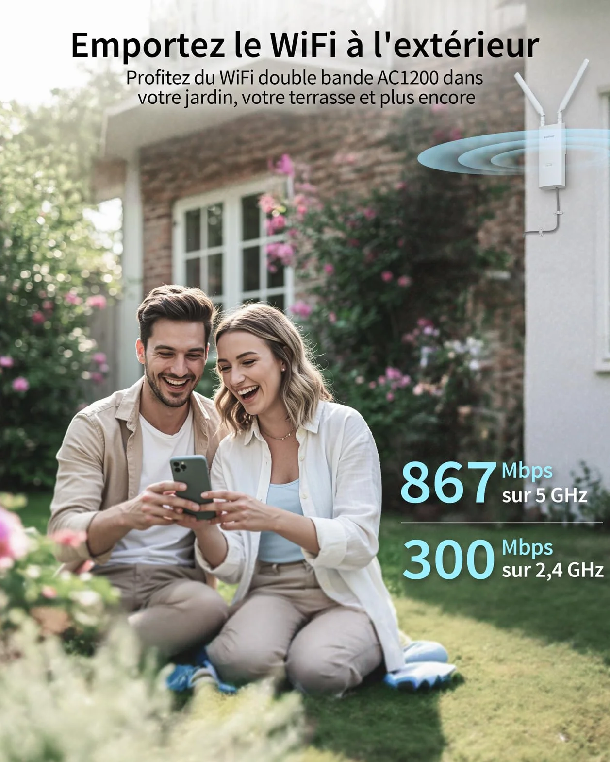 BrosTrend AC1200 Répéteur WiFi Extérieur Longue Portée Port POE Gigabit Double Bande 867Mbps 5GHz 300Mbps 2,4GHz IP65