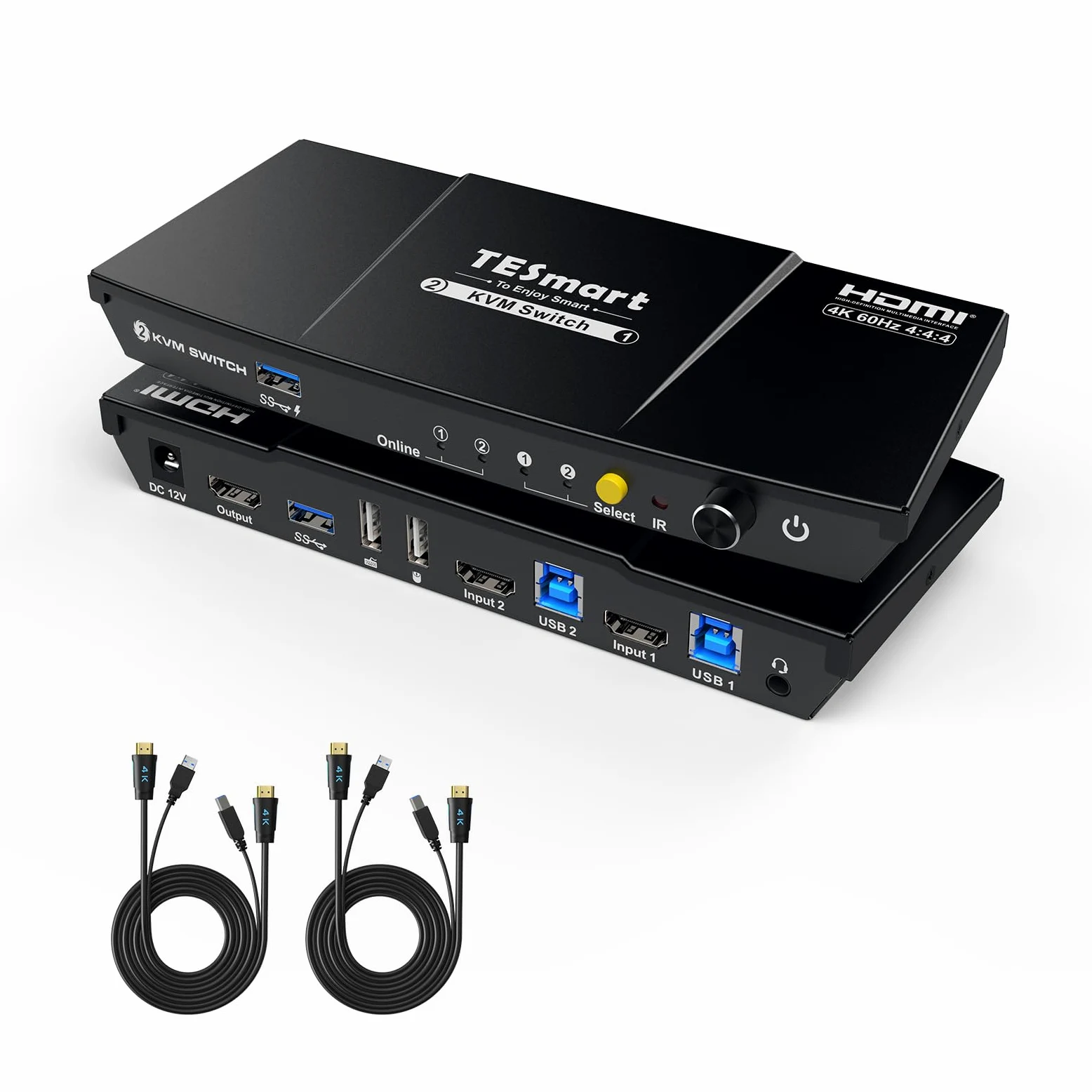 TESmart Commutateur KVM HDMI pour 2 PC 1 écran, switch HDMI avec USB 3.0 4K@60Hz Émulateur EDID, Hotkey, compatible HDCP 2.2, HDR10 et Dolby, L/R Audio ports,télécommande et câbles d’entrée inclus