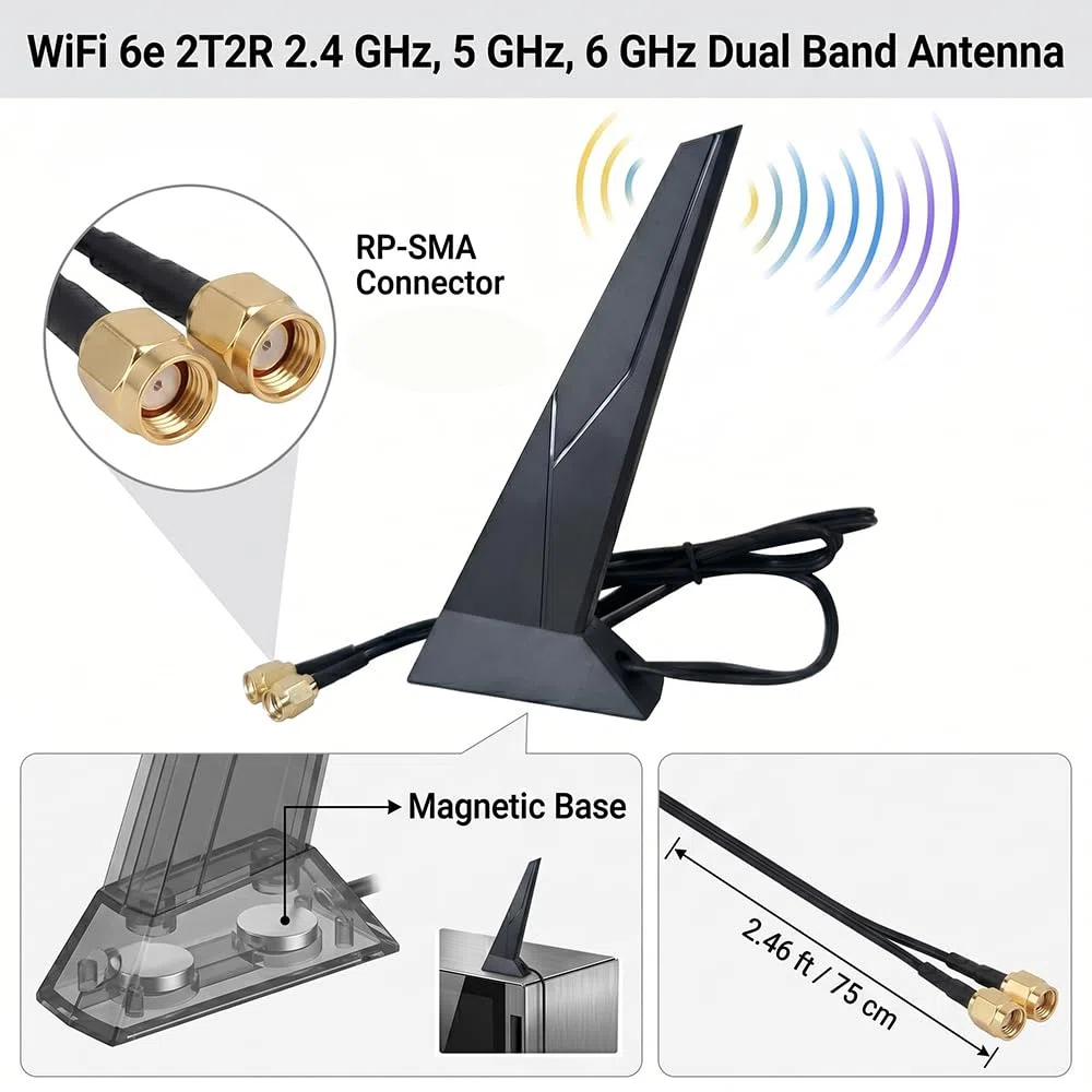 Antenne WiFi 6 pour carte mère MSI RP-SMA 2T2R double bande WiFi 6E antenne 2,4 GHz 5 GHz Base magnétique Adaptateur PC ordinateur de bureau