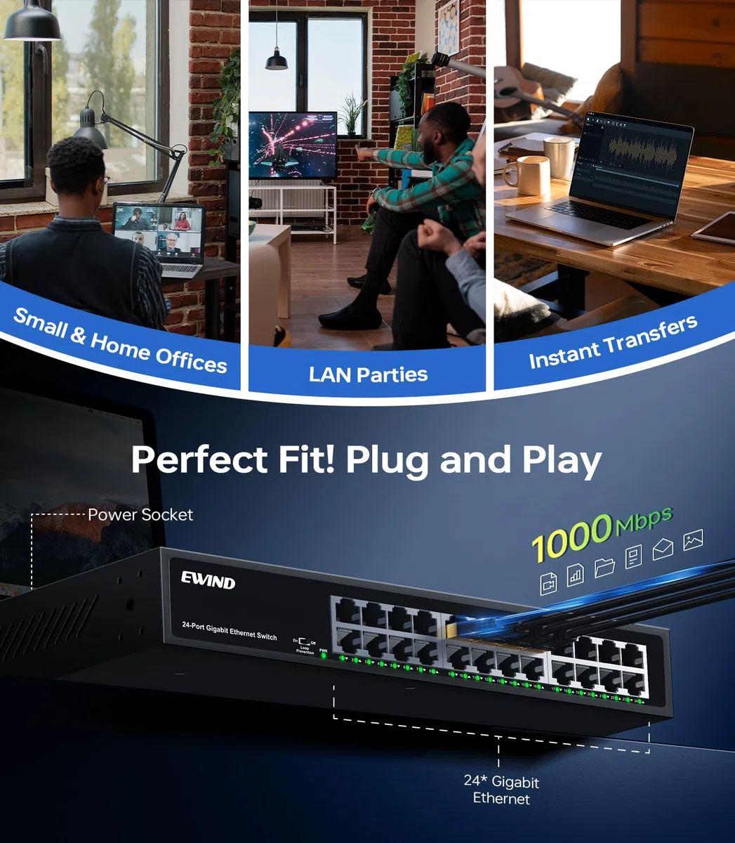 EWIND Commutateur Ethernet Gigabit 24 ports amélioré 2025 avec prévention des LED et des boucles, protection à vie, commutateur réseau non géré Plug & Play, silencieux sans ventilateur, répartiteur