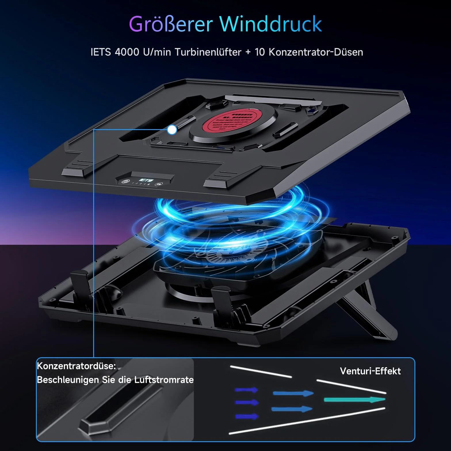 IETS GT300 Tapis de refroidissement pour ordinateur portable avec support réglable, refroidisseur turbo, 10-17 pouces