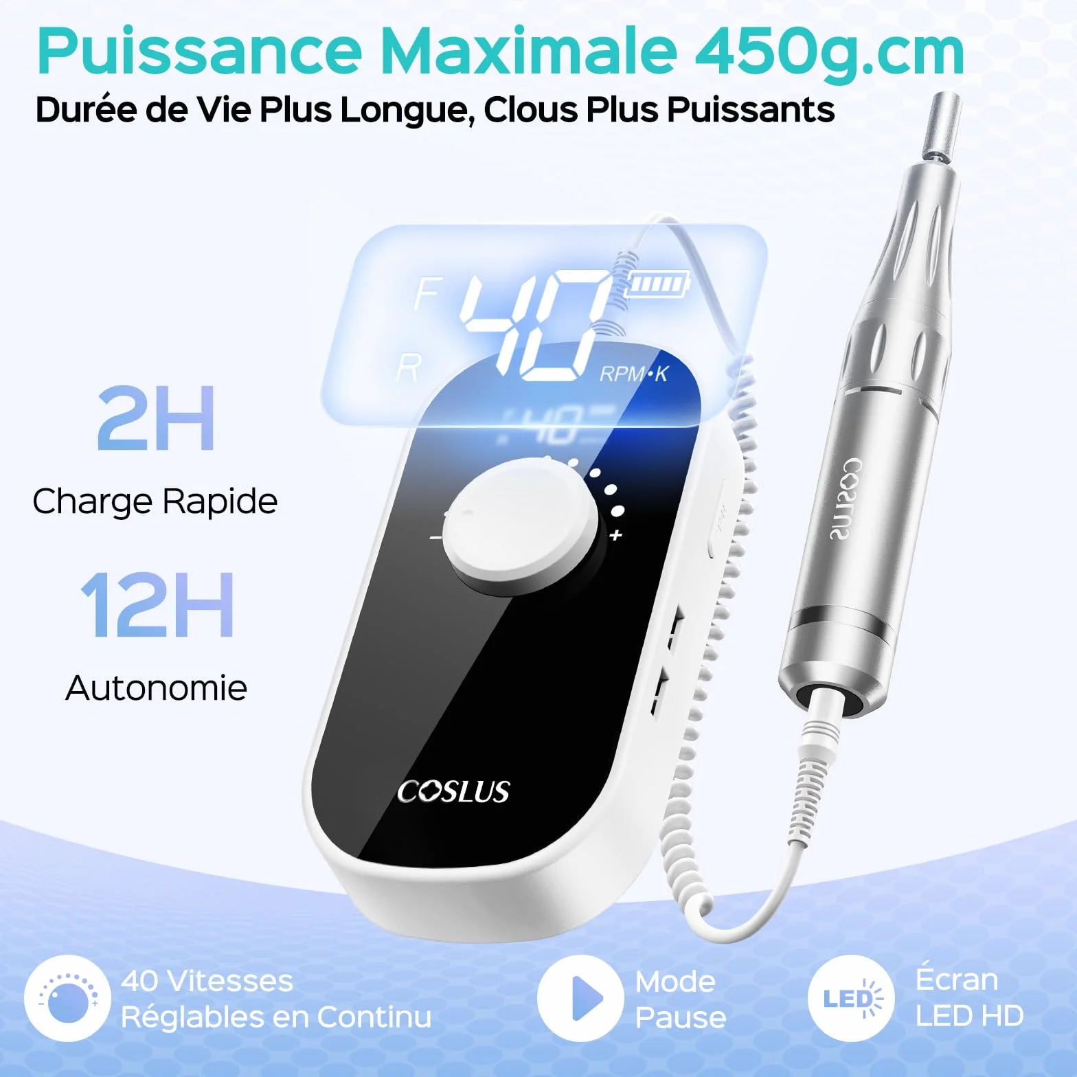 COSLUS E51 Ponceuse Ongles Professionnelle 40000 RPM Lime Electrique 6 en 1 Gel Acrylique