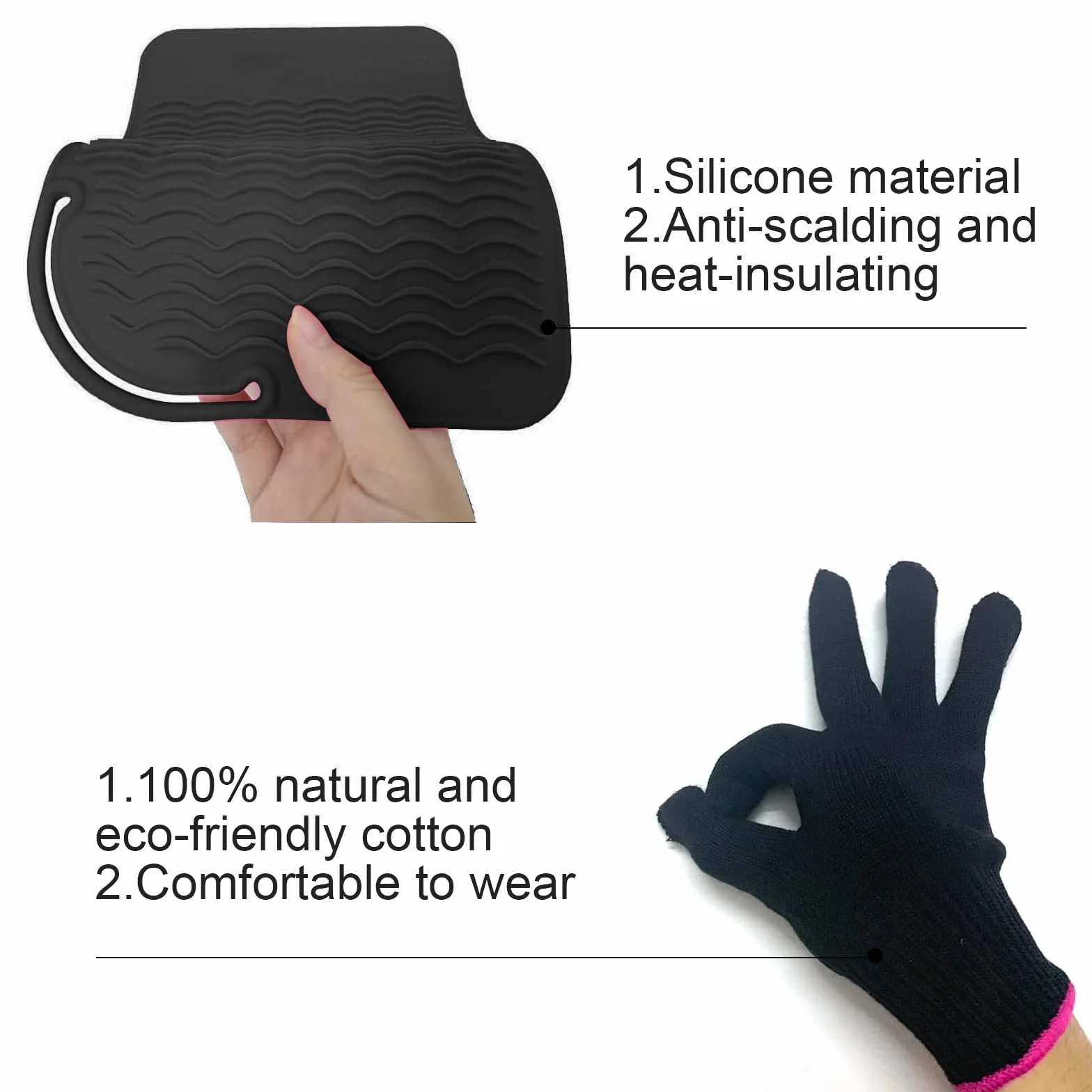 Ensemble de Protection Thermique pour Lisseur et Boucler Tapis Silicone Antidérapant Gant Résistant Chaleur Noir