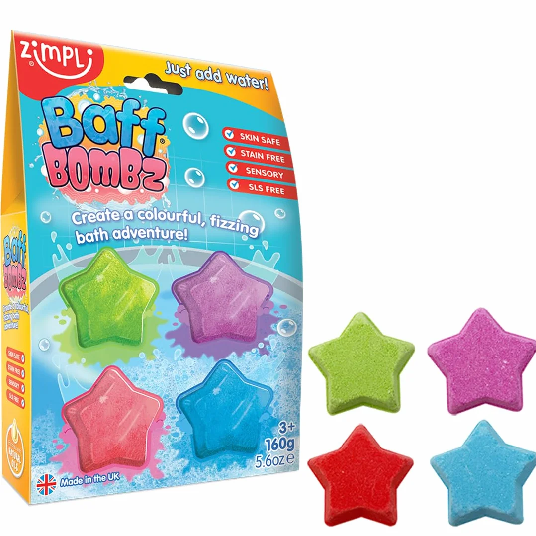 ZIMPLI Baff Bombz Étoiles Bombes de Bain effervescentes Lot de 4 Jouet de Bain