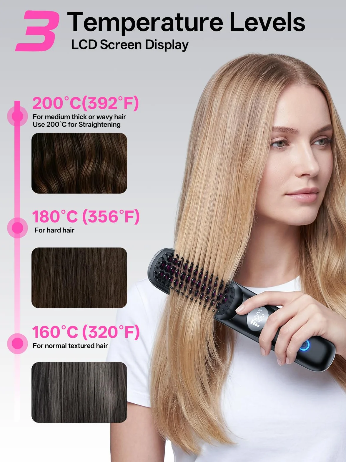Brosse Lissante Sans Fil LCD 3 Niveaux Température 160-200°C 4000 mAh USB-C Noir