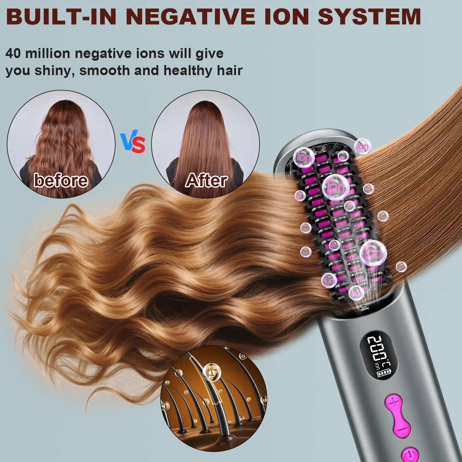 Brosse lissante sans fil rechargeable USB 9600 mAh ion négatif chauffante gris