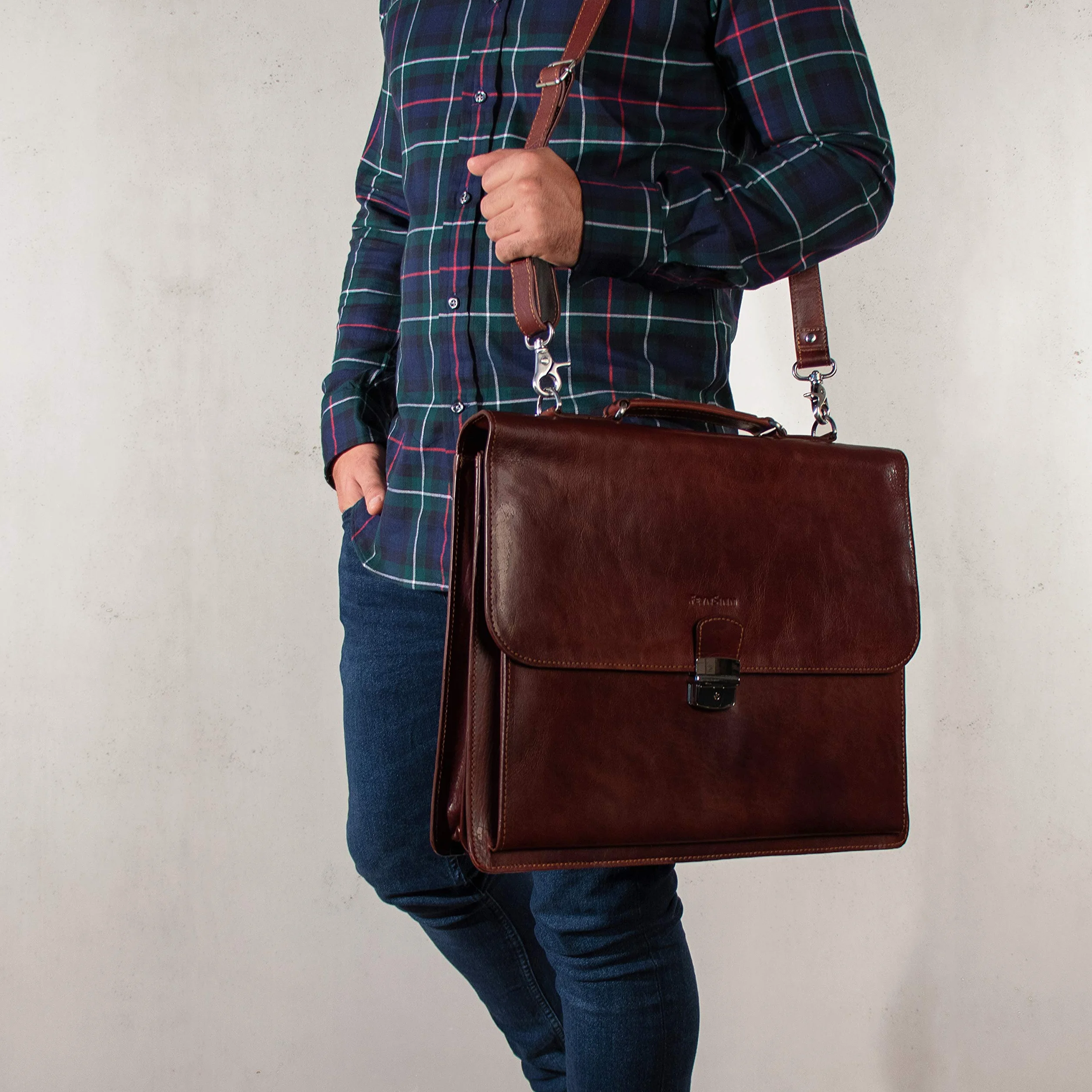Serviette Ordinateur Cuir véritable 15.4 Pouces Emilio Cartable Porte-Document attaché-Case XL Grand pour Hommes Sac bandoulière Travail Marron