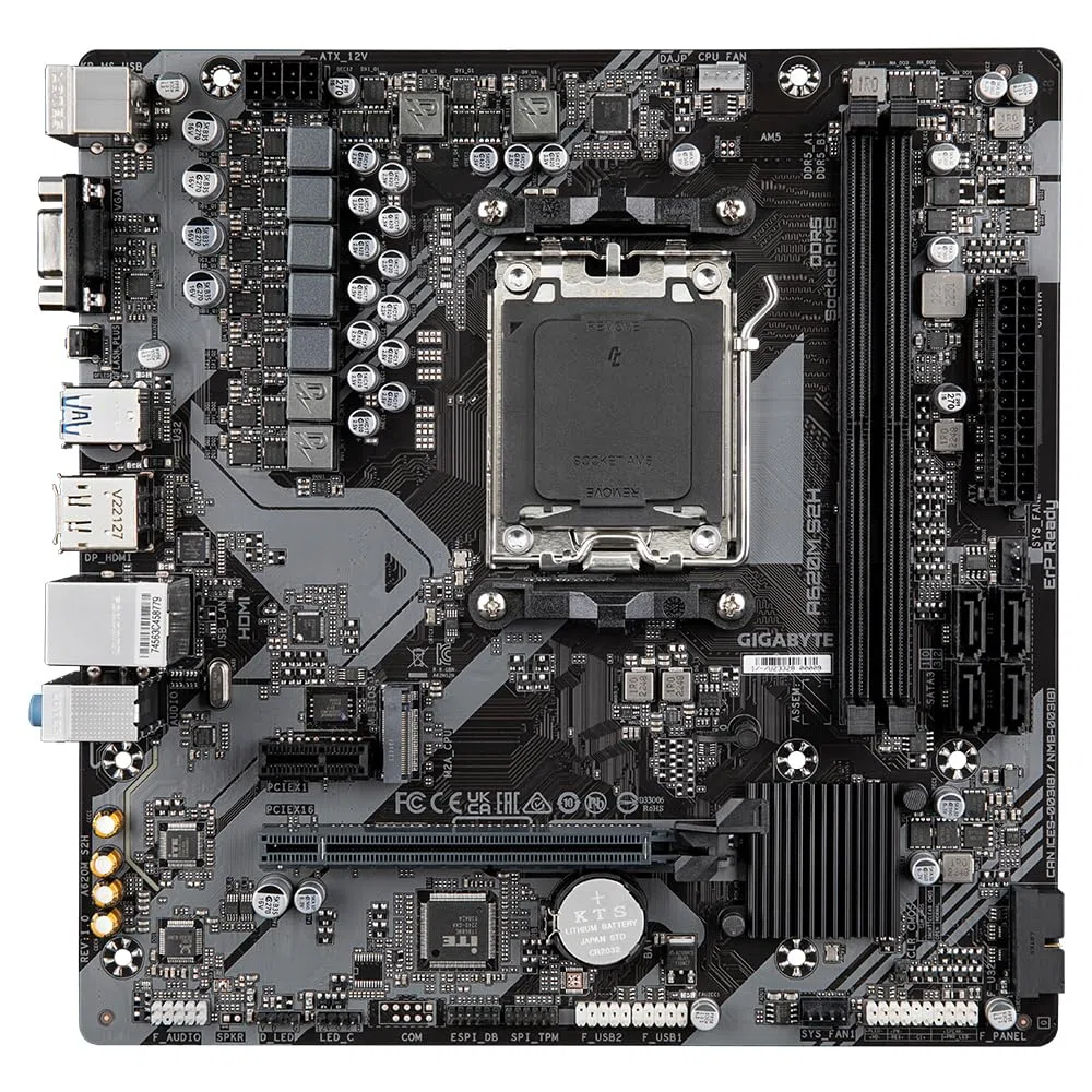 GIGABYTE A620M S2H Carte Mère - Prend en Charge Les processeurs AMD Ryzen 8000, VRM numérique 5+2+2 Phases, jusqu'à 7200MHz DDR5 (OC), 1xPCIe 4.0 M.2, LAN GbE, USB 3.2 Gen 1