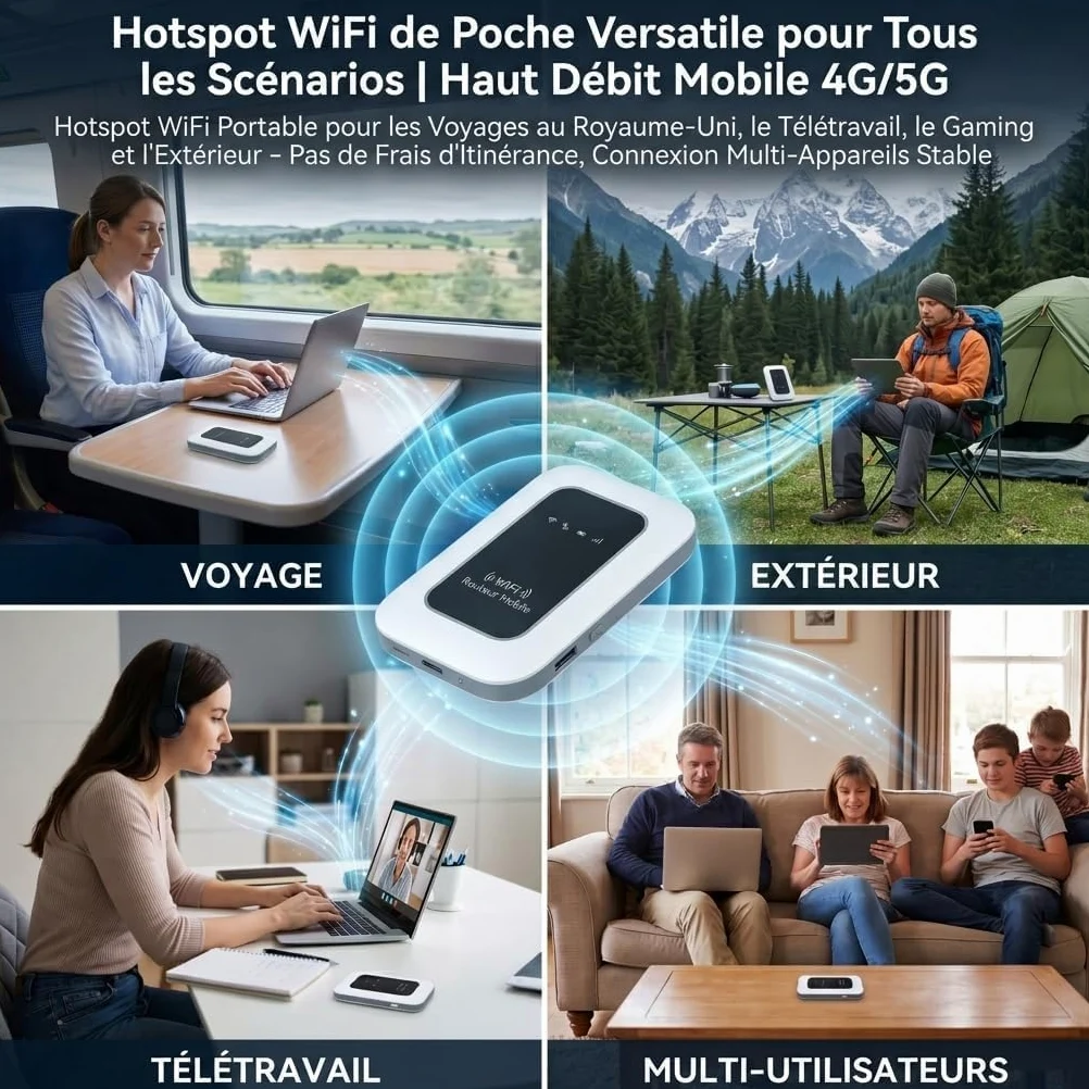 Routeur 5G Portable WiFi 6 avec Slot SIM Déverrouillé – Modem 5G Carte SIM, Internet Mobile Haut Débit 5G/4G+, Débit Ultra Rapide 300 Mbps, Jusqu’à 28 Appareils, Idéal pour Voyage & Télétravail