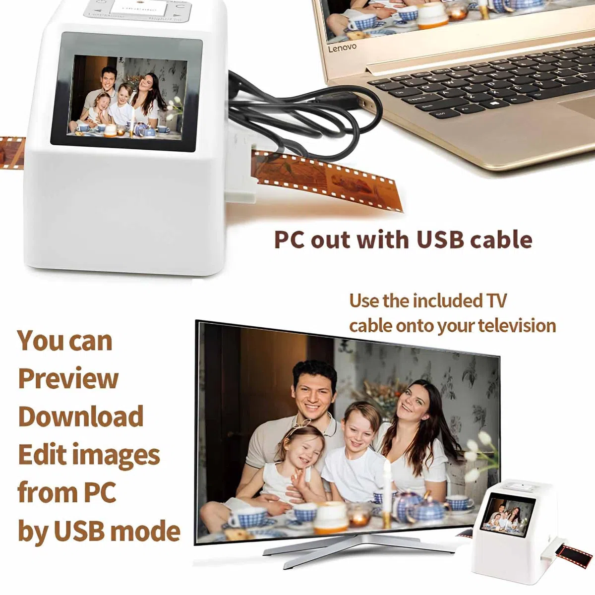 Scanner de film et de diapositives, scanner multifonction 22 MP avec écran LCD de 2,4", convertit la couleur et le noir et blanc 35 mm, 126, 110 et super 8 diapositives et négatifs en images