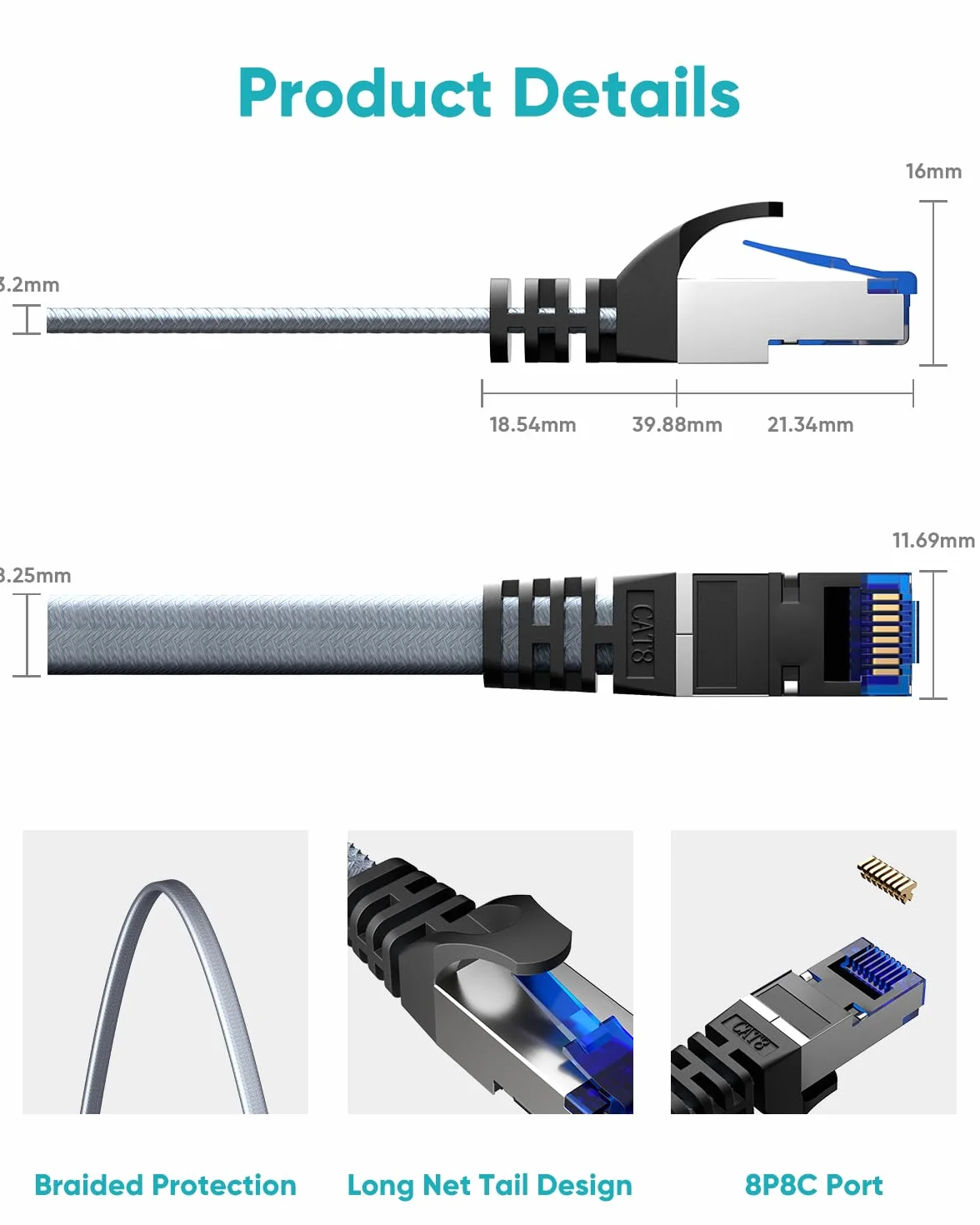 BUSOHE Câble Ethernet Cat 8 20m, Câble Réseau LAN Gigabit RJ45 Plat Haut Débit 40Gbps 2000Mhz