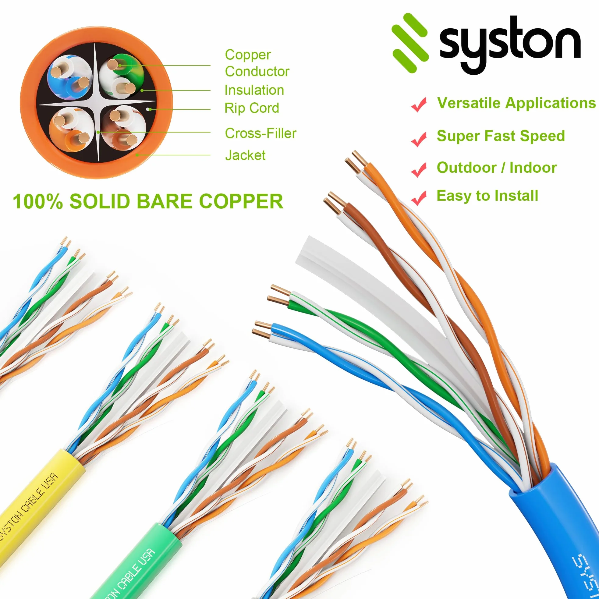 Syston Cable Technology Câble Ethernet Cat6(e) 23 AWG 4 pr Cuivre nu massif brut 600 MHz 30,5 m Extérieur/intérieur Résistant à la chaleur Riser évalué CMR Gris sans extrémités 3 m à 3000 m disponible