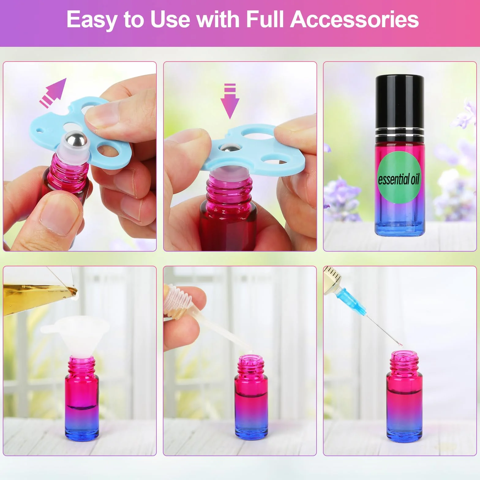 Flacon Roll on Vide 5ml Gradient Verre avec Bille Acier Inoxydable Stickers Parfums Aromathérapie Massage Voyage 15 Pièces