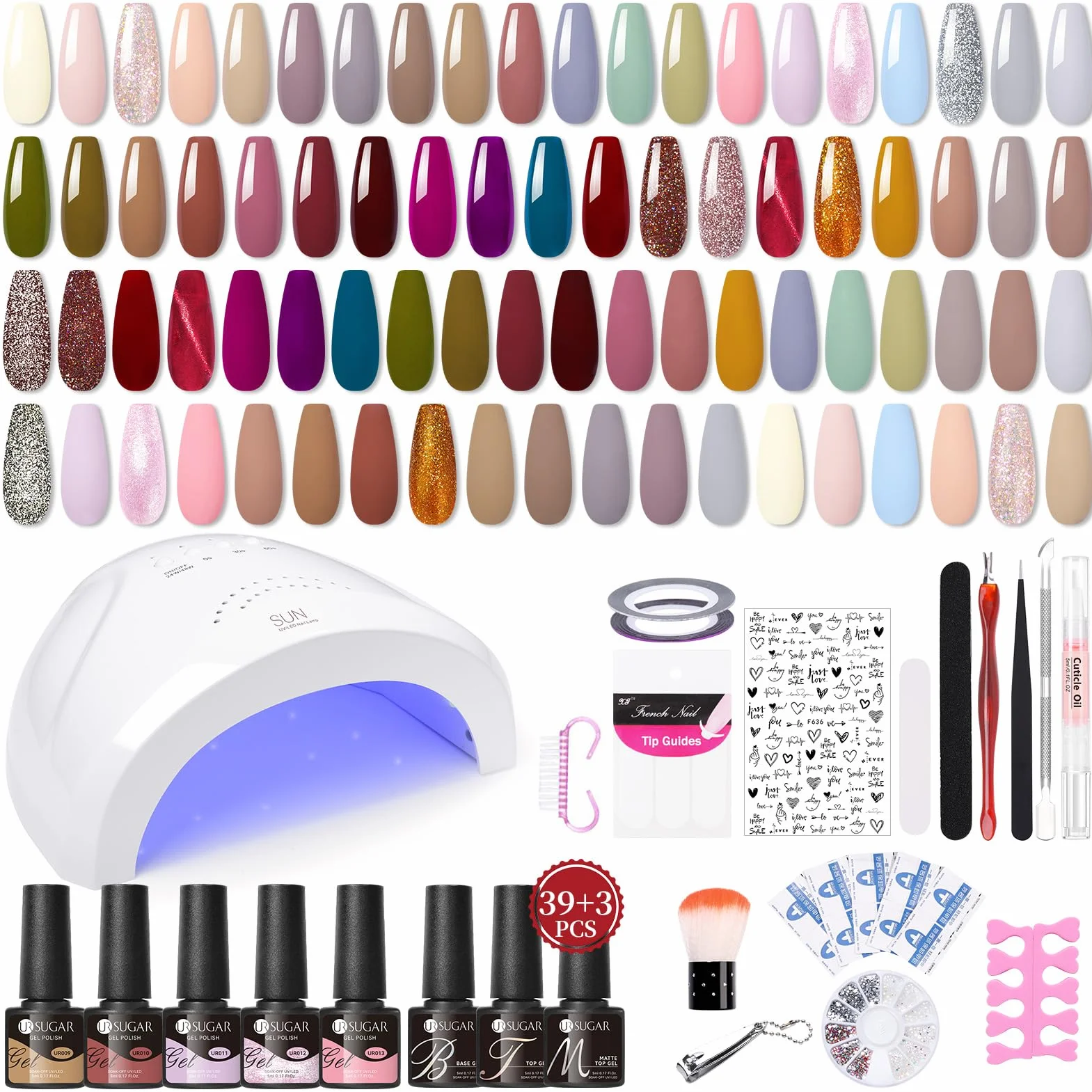 UR SUGAR Kit Vernis Semi Permanent 39 Couleurs avec Lampe UV LED 48W Base et Top Coat